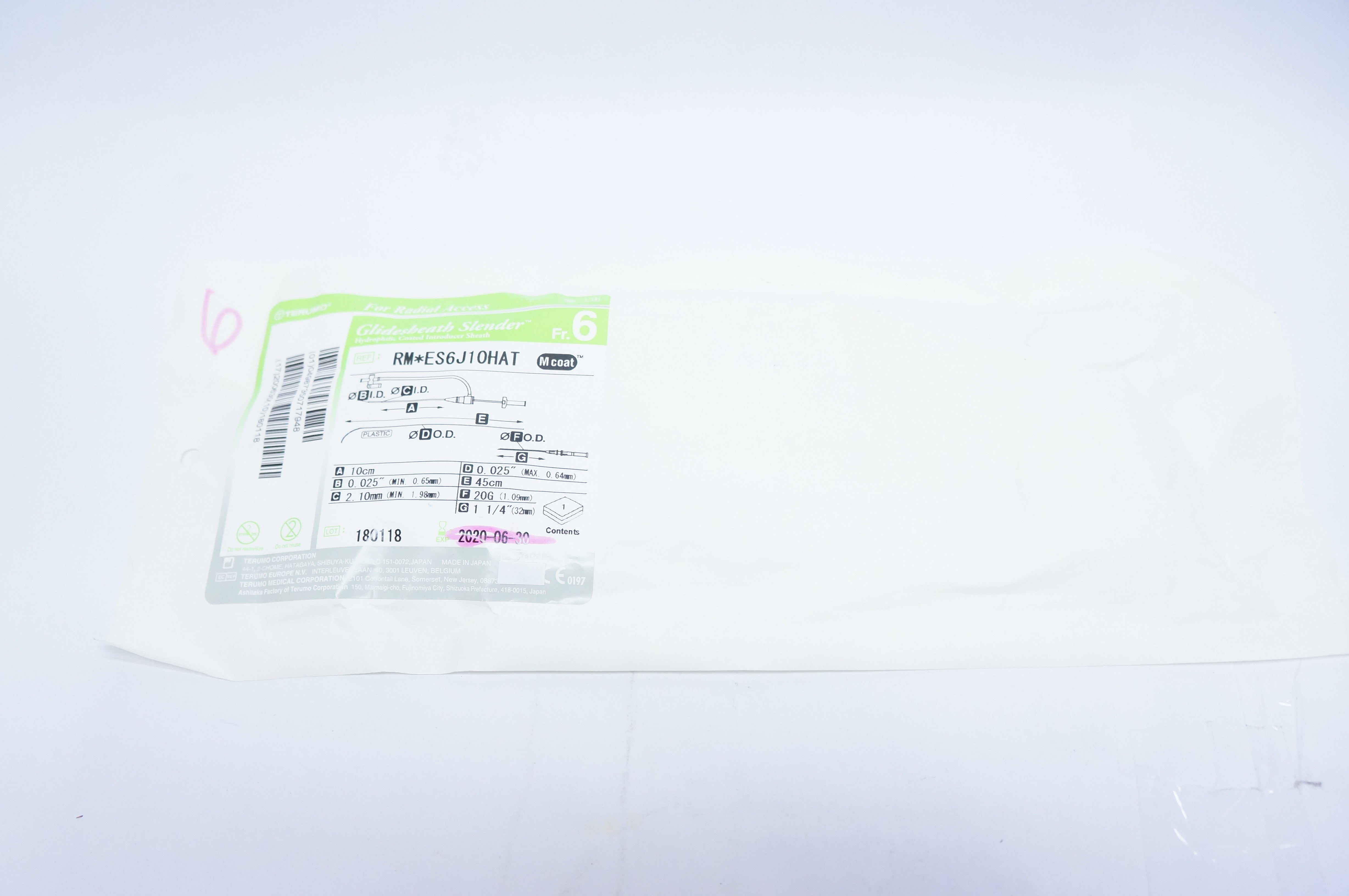 Terumo ES6J10HAT GlideSheath Slender A-Kit 6F x 10cm, 20G (x)