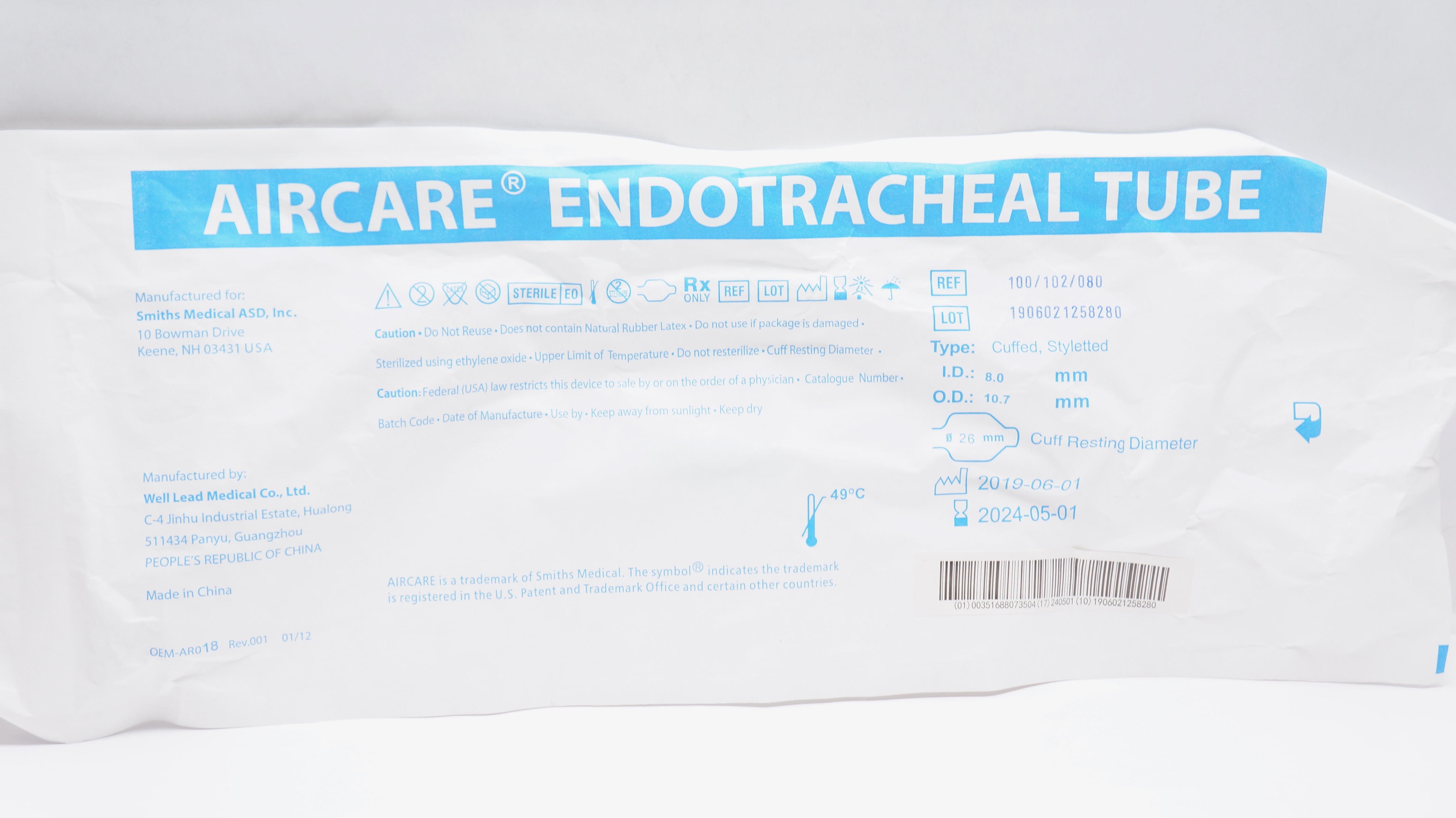 Smiths Medical 100/102/080 Aircare Endotracheal Tube 8.0mID x 10.7OD x 26mm