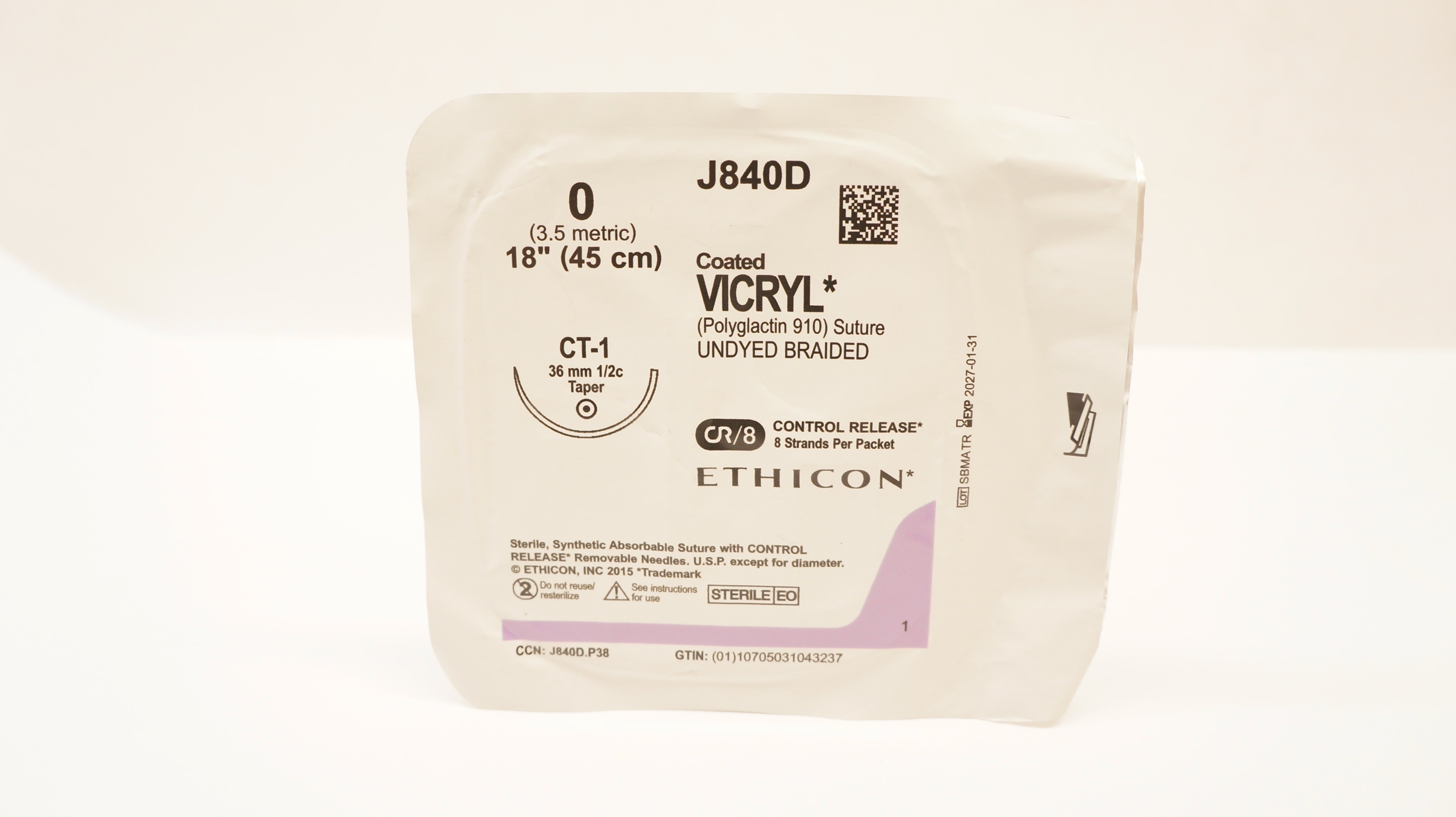 Ethicon J840D 0 Coated VICRYL Polyglactin Stre CT-1 36mm 1/2c Taper, 18inch