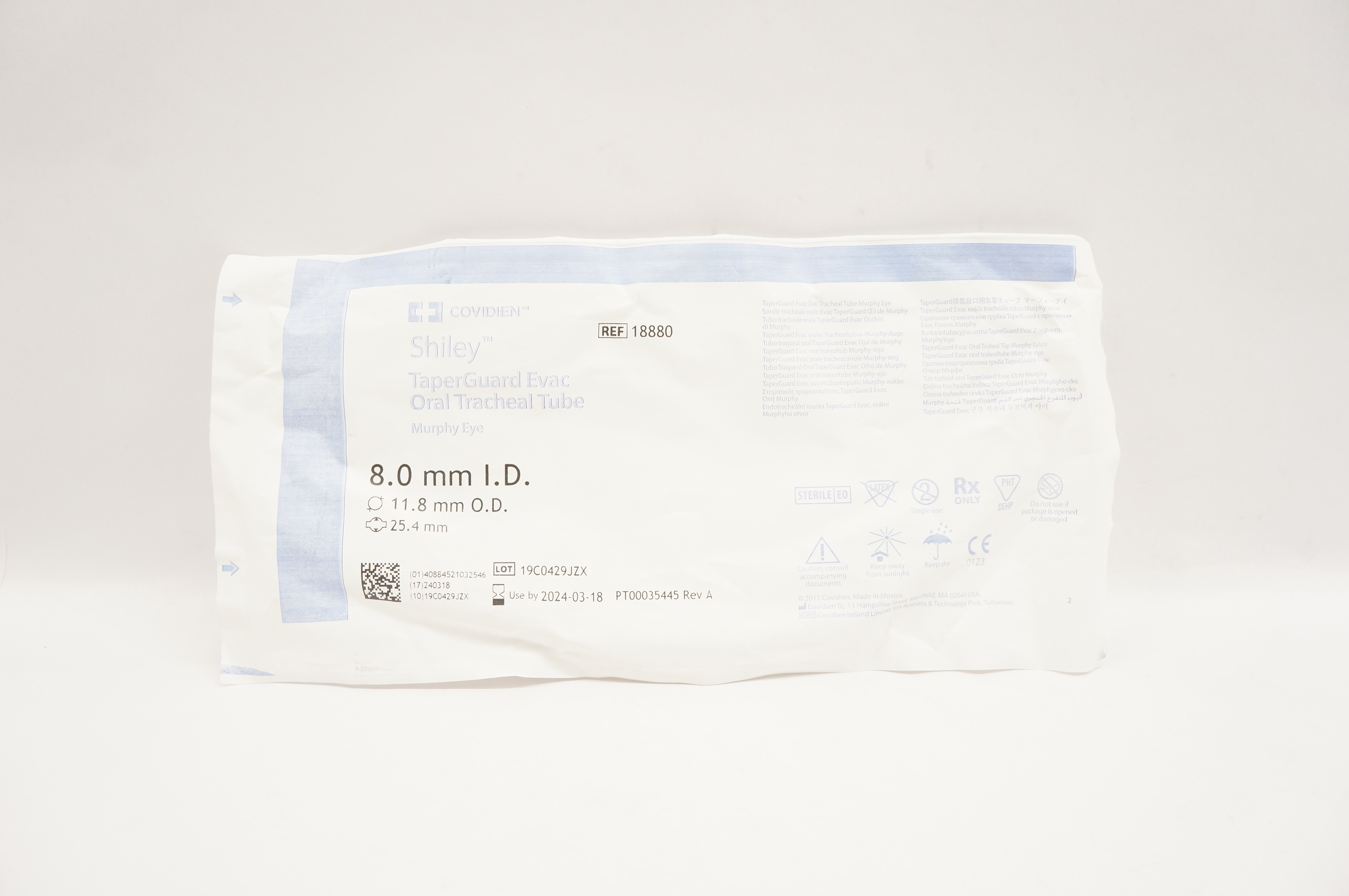 Covidien 18880 Shiley TaperGuard Evac Oral Tracheal Tube 8.0 x 11.8 x 25.4mm