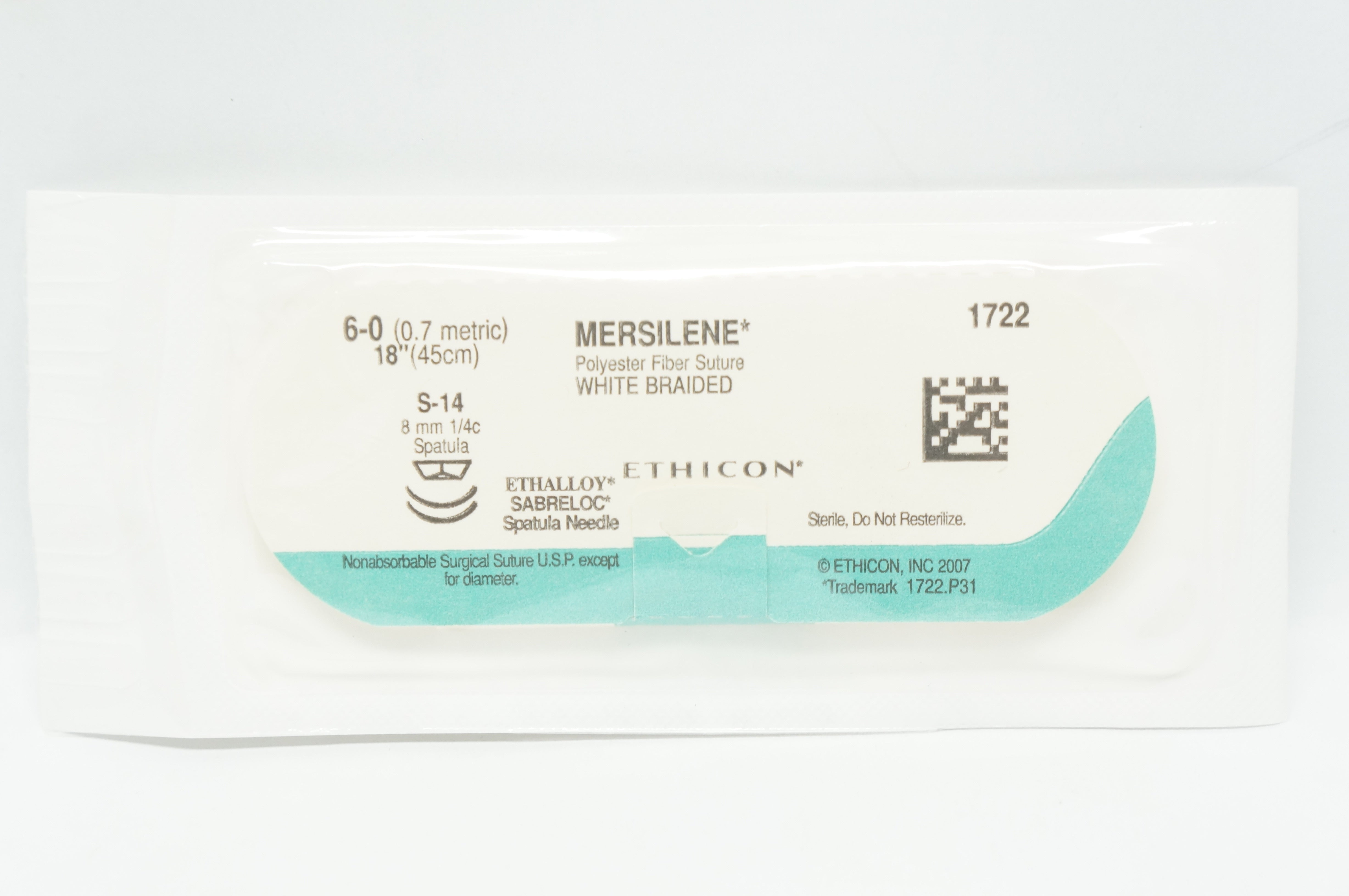 Ethicon 1722 6-0 Mersilene Polyester Fiber Stre S-14 8mm 1/4c Spatula 18inch