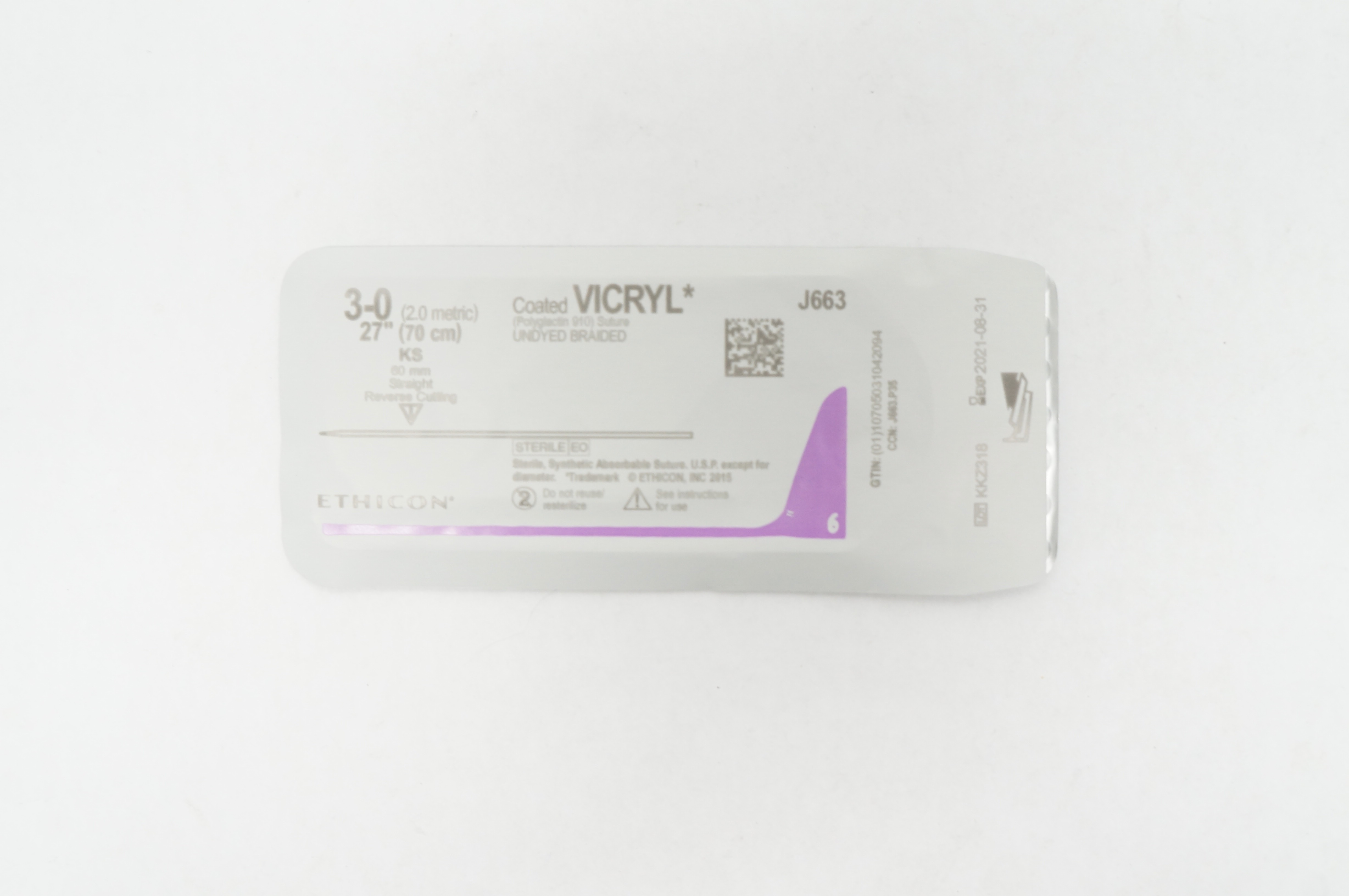 Ethicon J663 3-0 Coated VICRYL Polyglactin Stre KS 60mm ReverseCutting 27inch(x)