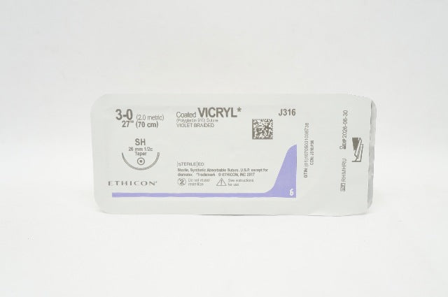 Ethicon J316 3-0 Coated VICRYL, SH 26mm 1/2c Taper, 27inch