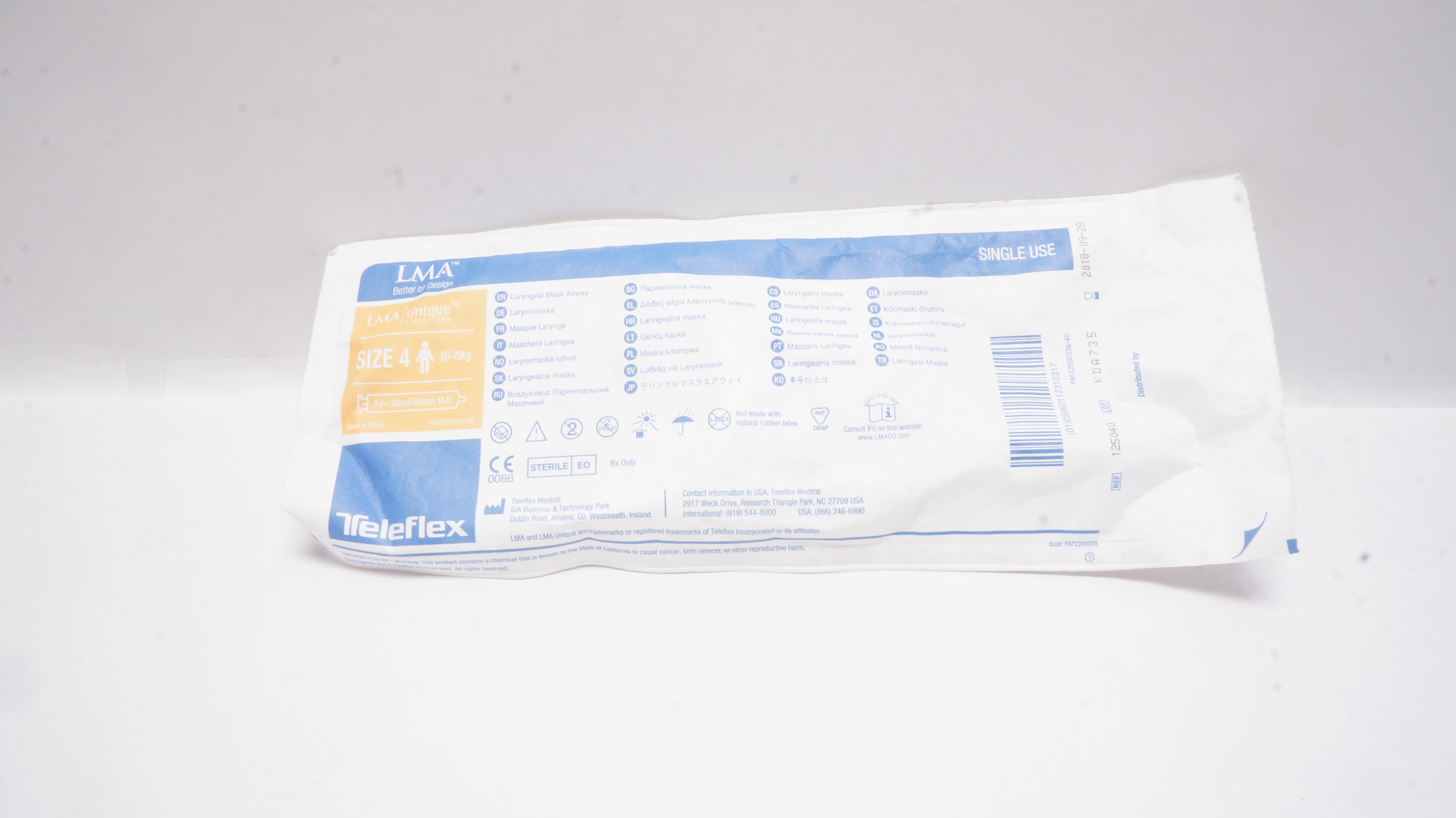 Teleflex 125040 LMA Unique Laryngeal Mask Airway Size 4 50-70kg Air<30ml/60cm(x)