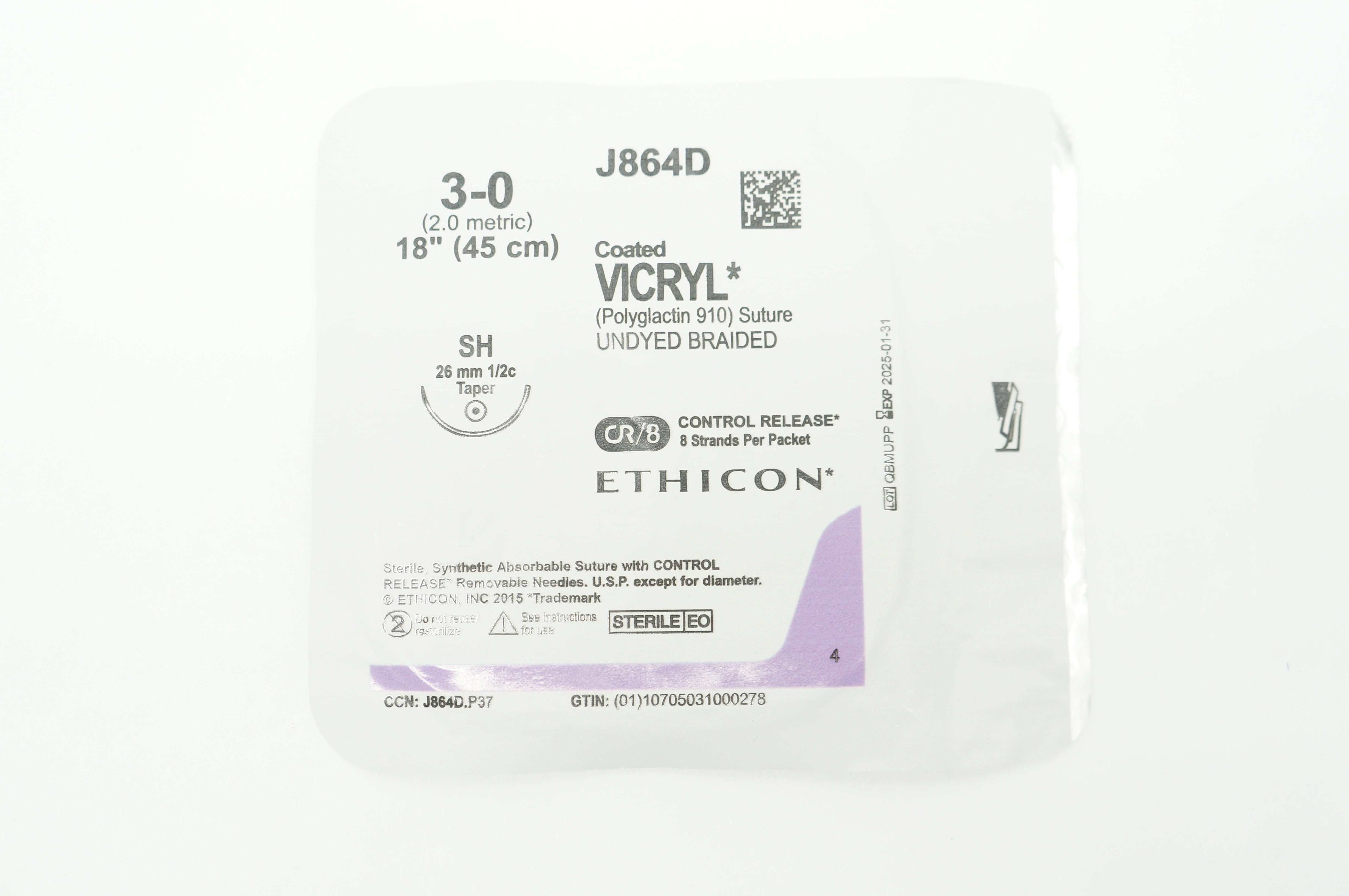 Ethicon J864D 3-0 VICRYL SH 26mm 1/2c Taper 18 inch