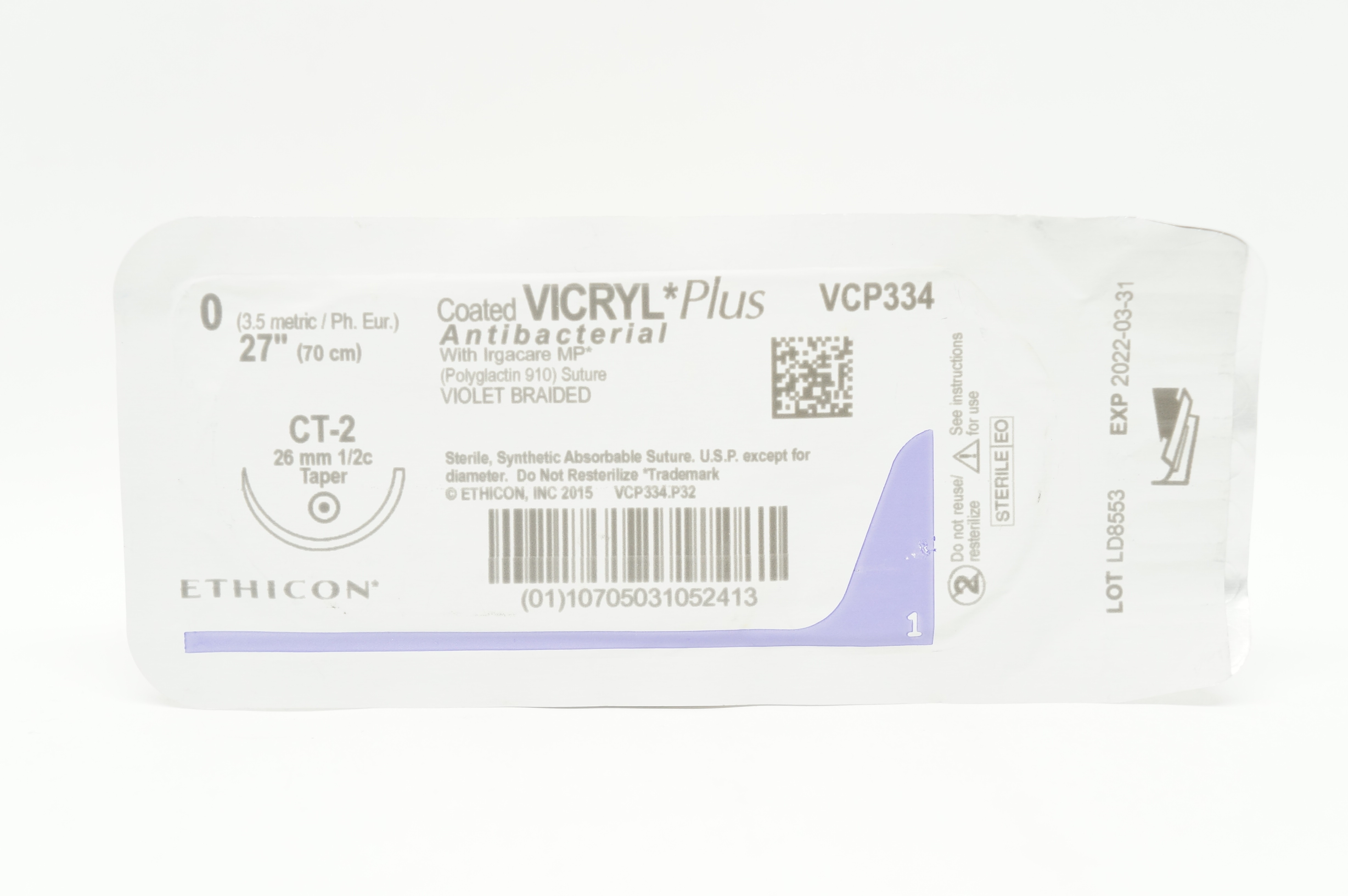 Ethicon VCP334 0 VICRYL PLUS, CT-2, 26mm 1/2c Taper, 27 inch