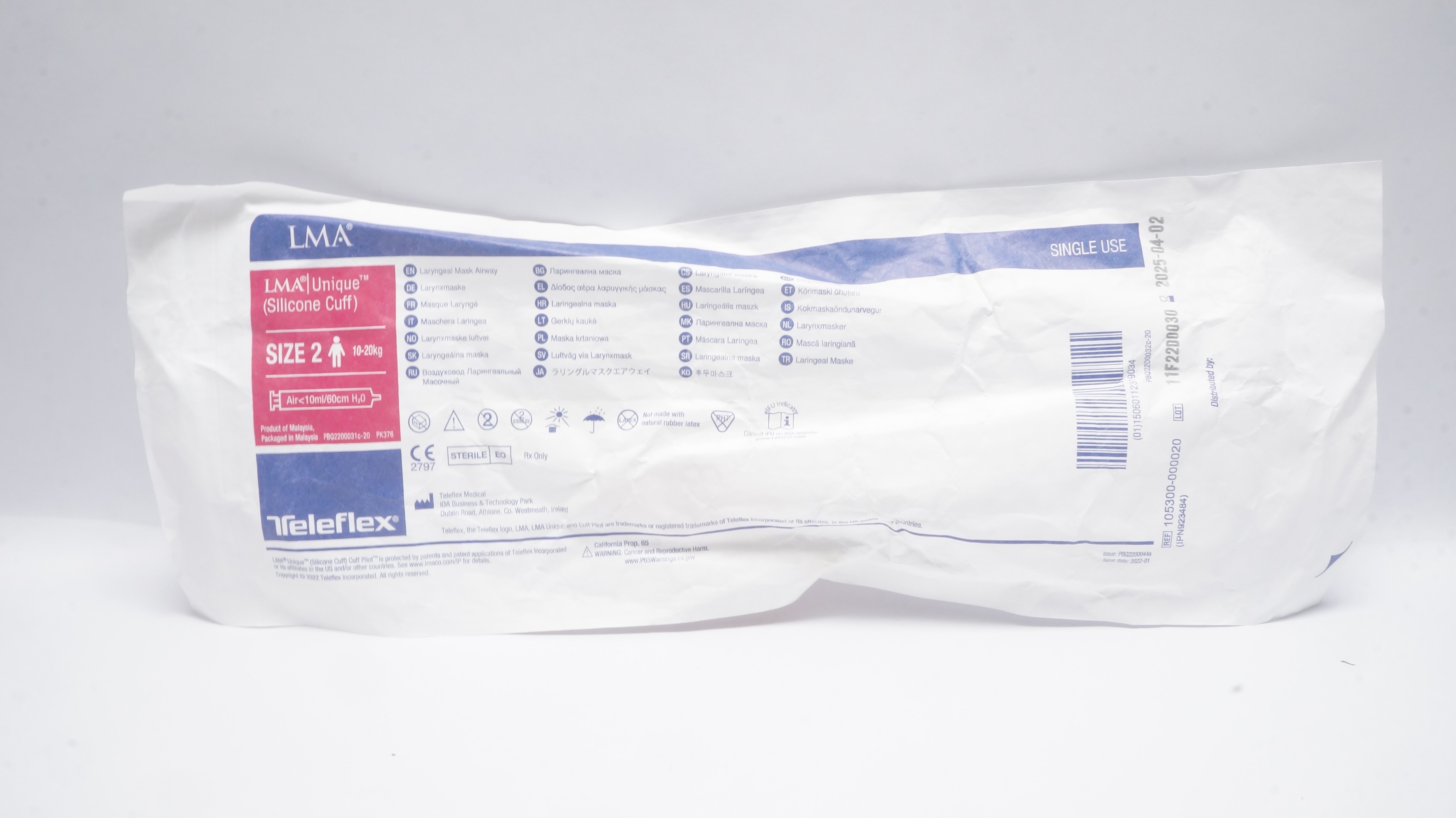 Teleflex 105300-000020 Laryngeal Mask Airway, Size 2 10-20kg Air <10ml/60cm H2O