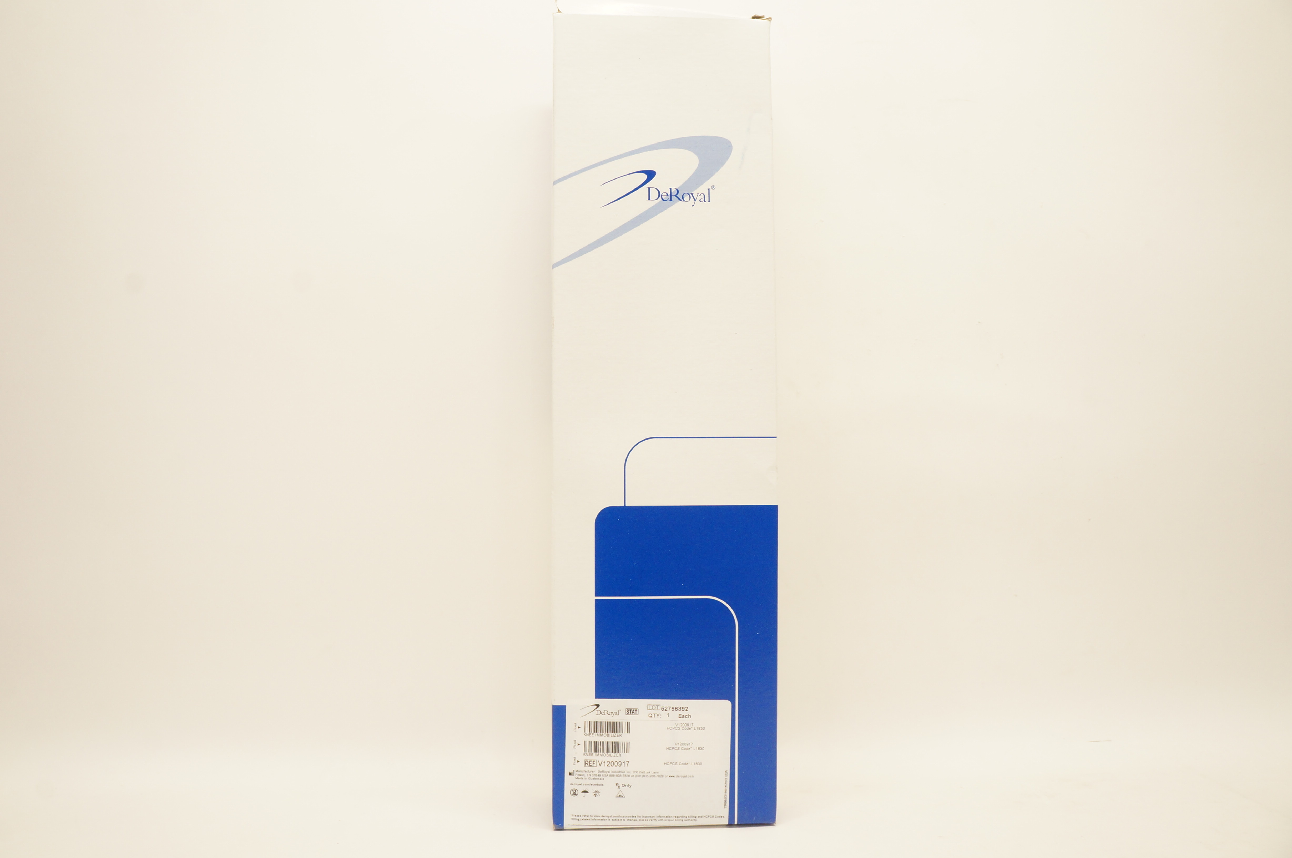 DeRoyal V1200917 Knee Immobilizer Foam Tri-Panel Adjustable 20inch