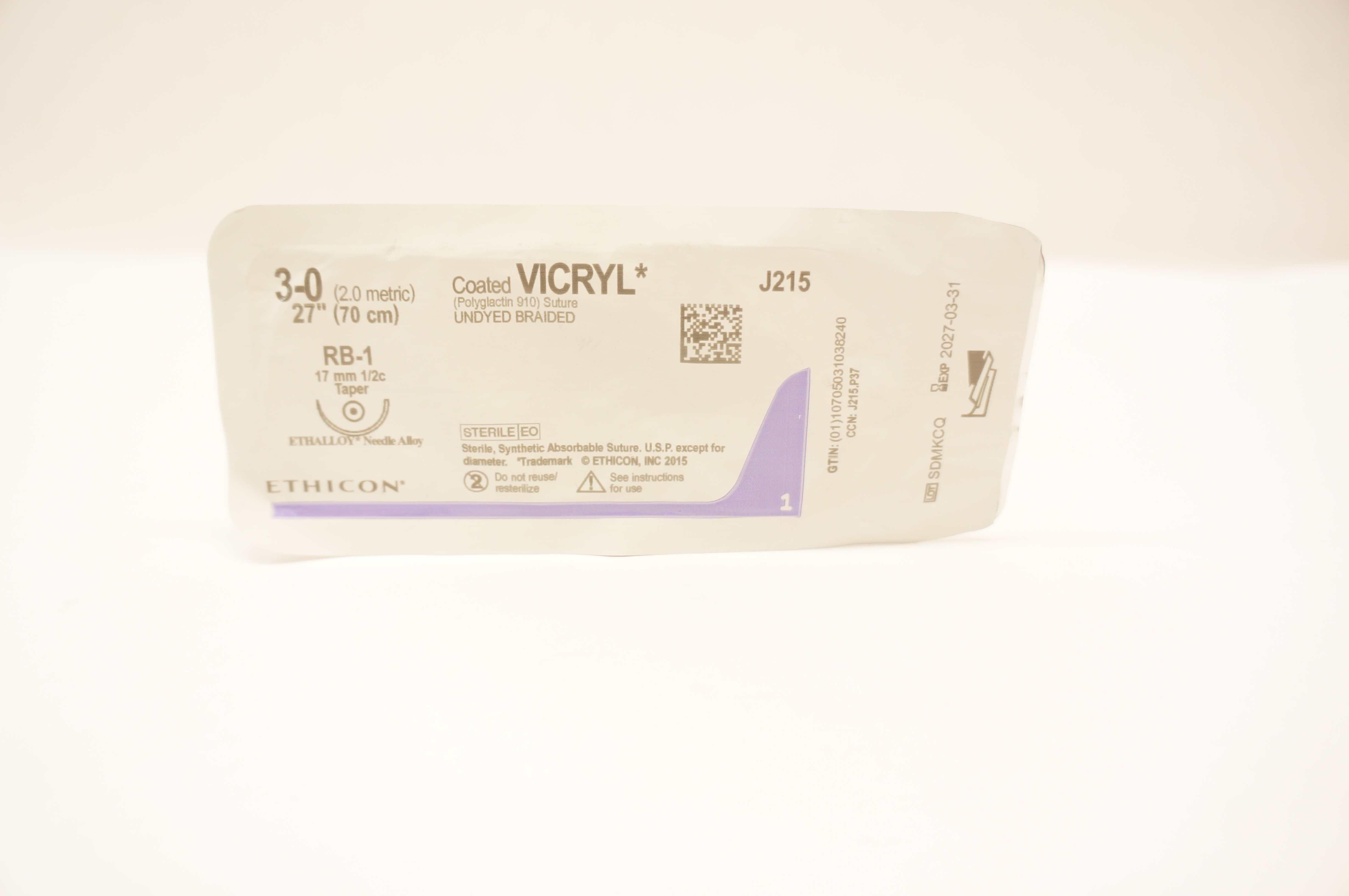 Ethicon J215 3-0 Coated VICRYL Polyglactin 910 Stre RB-1 17mm 1/2c Taper, 27inch