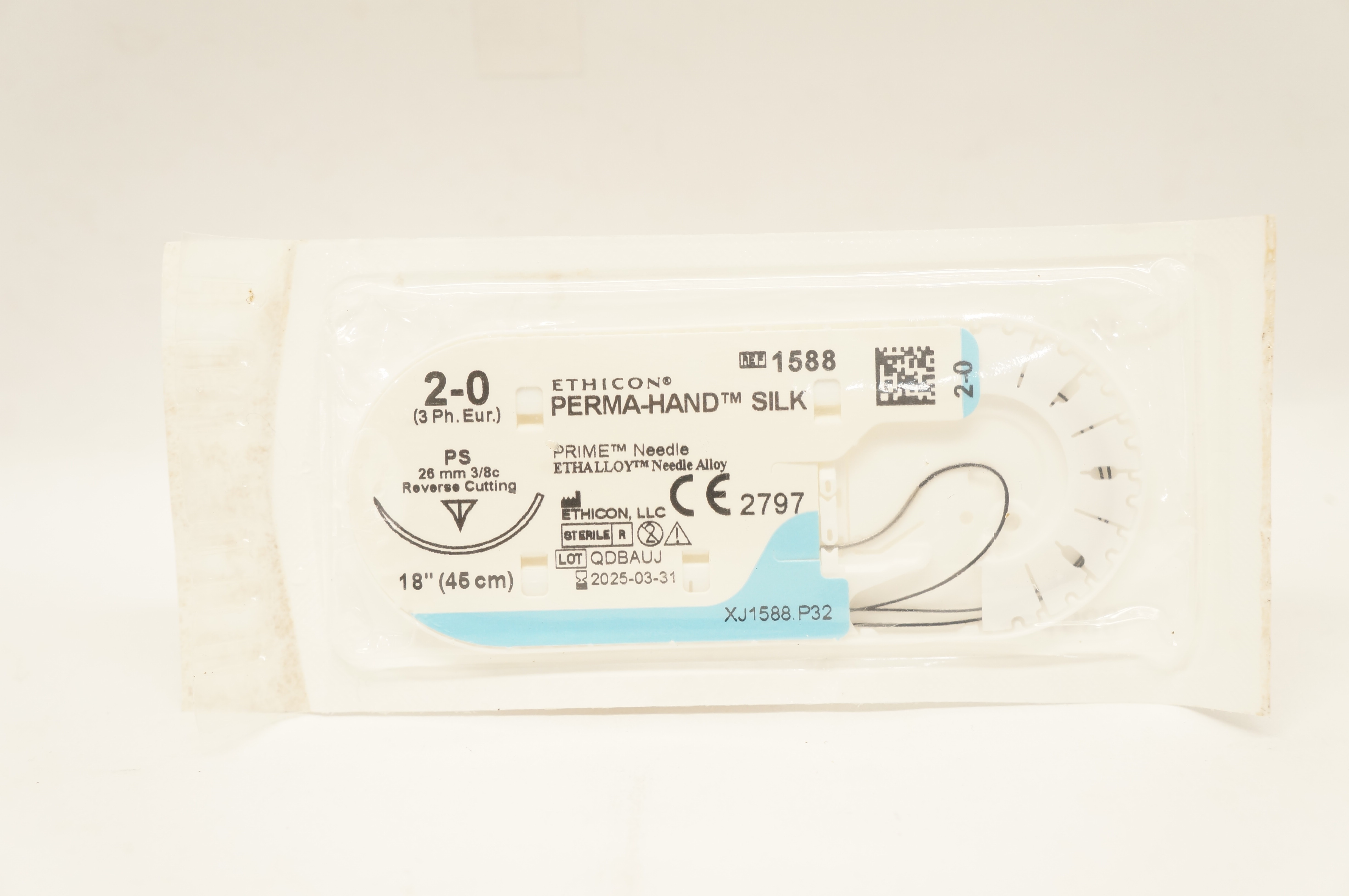 Ethicon 1588 2-0 PERMA-HAND SILK Stre PS 26mm 3/8c Reverse Cutting, 18inch