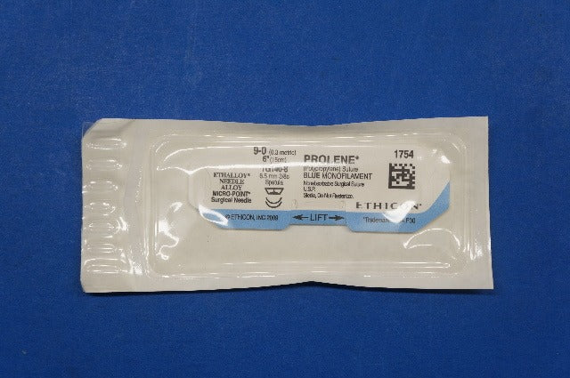 Ethicon 1754 9-0 PROLENE, TG140-8 6.5mm 3/8c Spatula, Blue Monofilament, 6inch