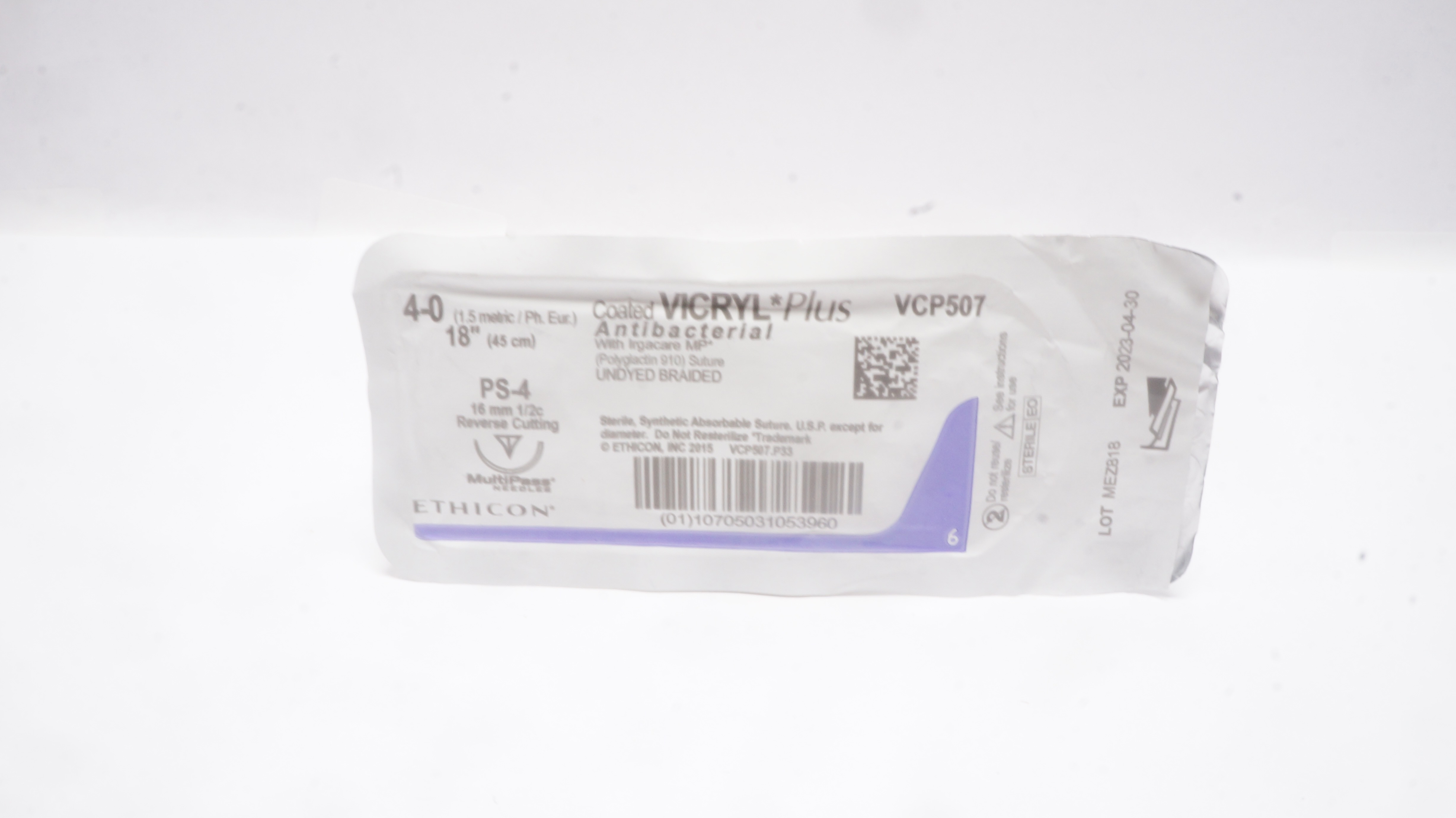 Ethicon VCP507 4-0 Vicryl Plus, PS-4,  16mm 1/2c Reverse Cutting, 18inch (x)