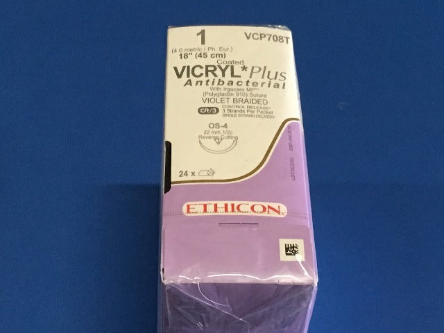 Ethicon VCP708 1 VICRYL Plus, OS-4,Reverse Cutting 22mm 1/2c, 18inch - Box of 24