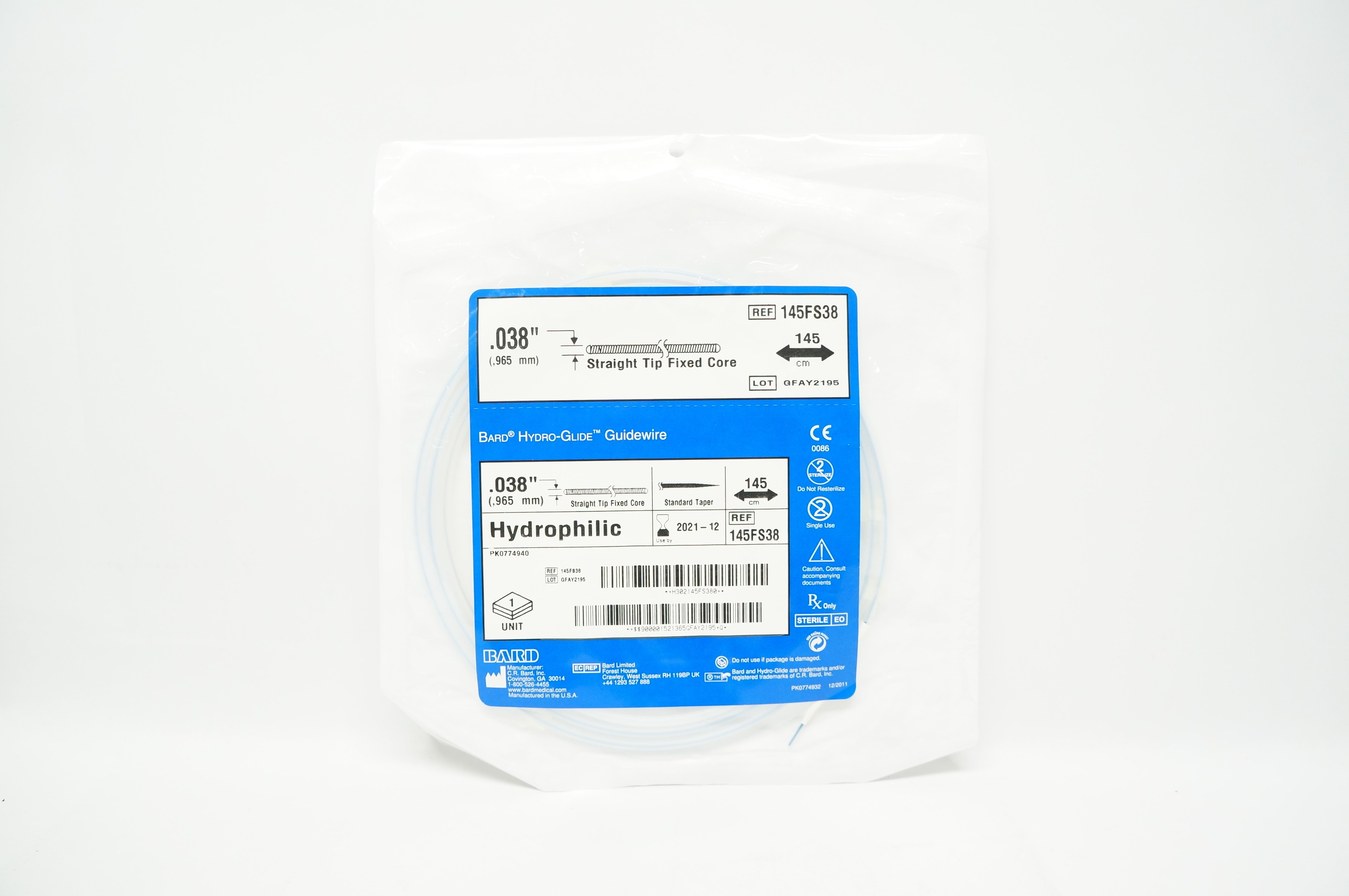 Bard 145FS38 Hydro-Glide Guidewire, Straight Tip Fixed Core 0.038inch x 145cm
