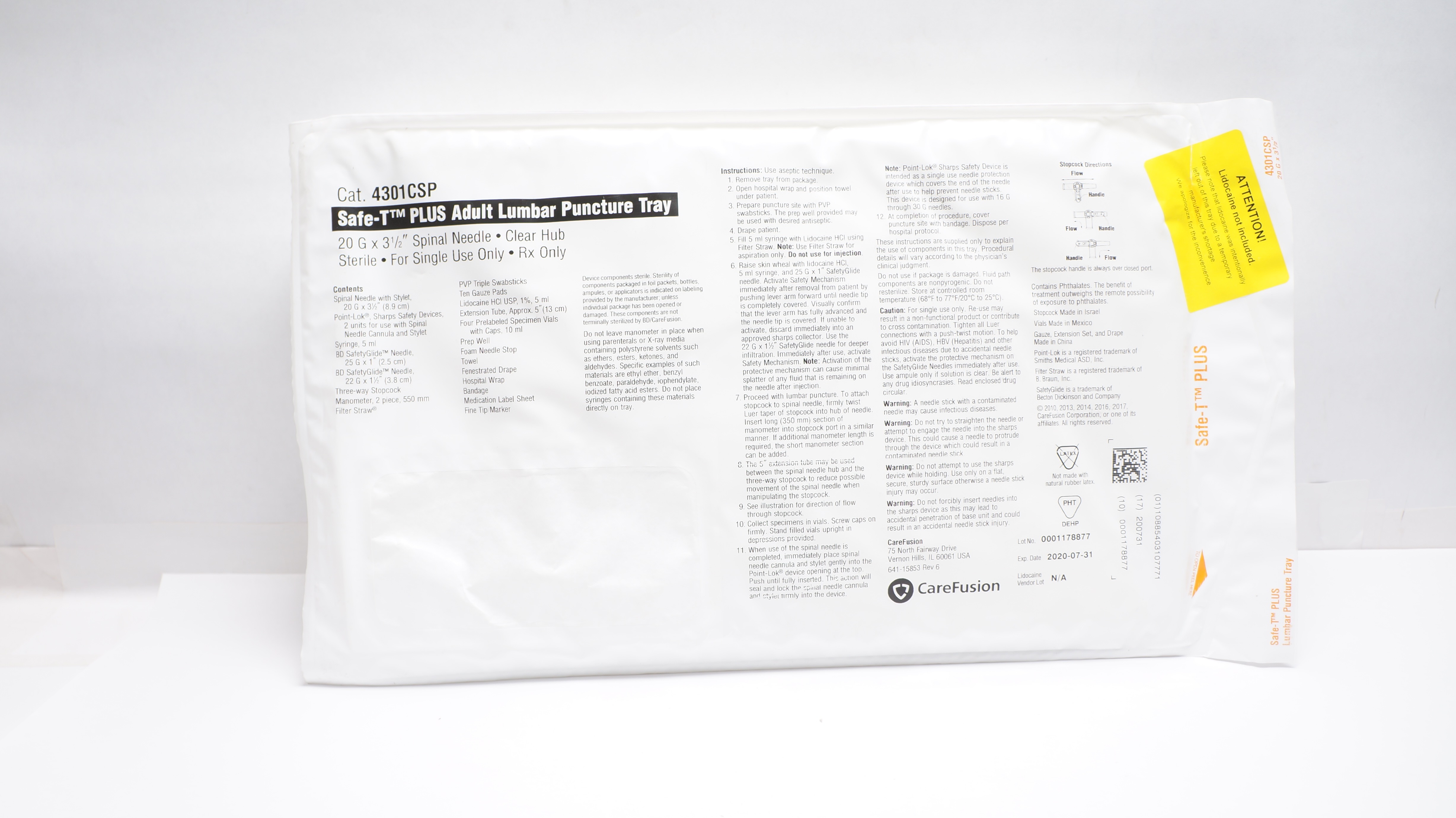 CareFusion 4301CSP Safe-T PLUS Adult Lumbar Puncture Tray 20Gx3-1/2inch Ndle (x)