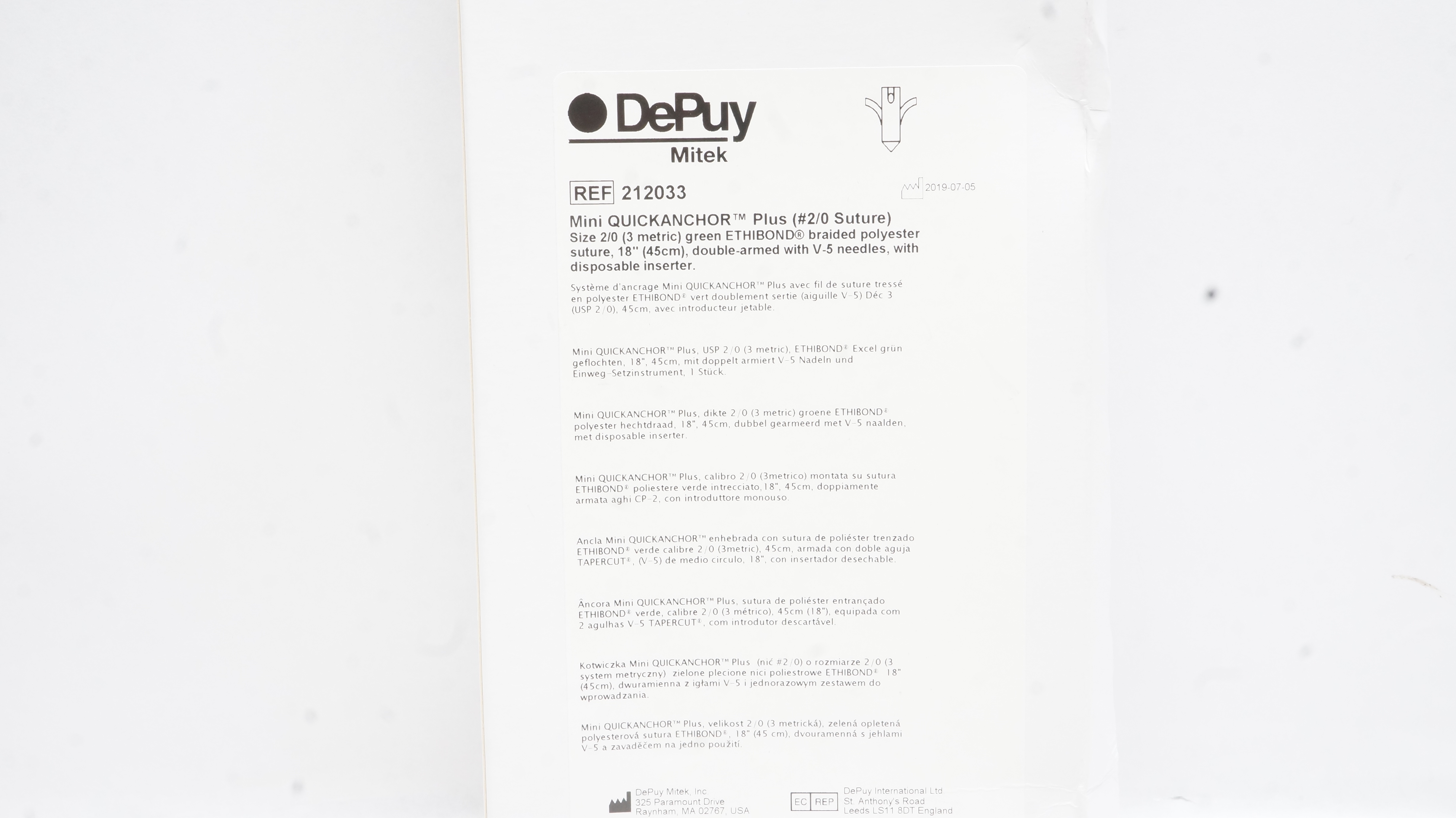 DePuy 212033 Mitek 2/0 Mini Quickanchor Plus Polyester Stre 18inch (x)