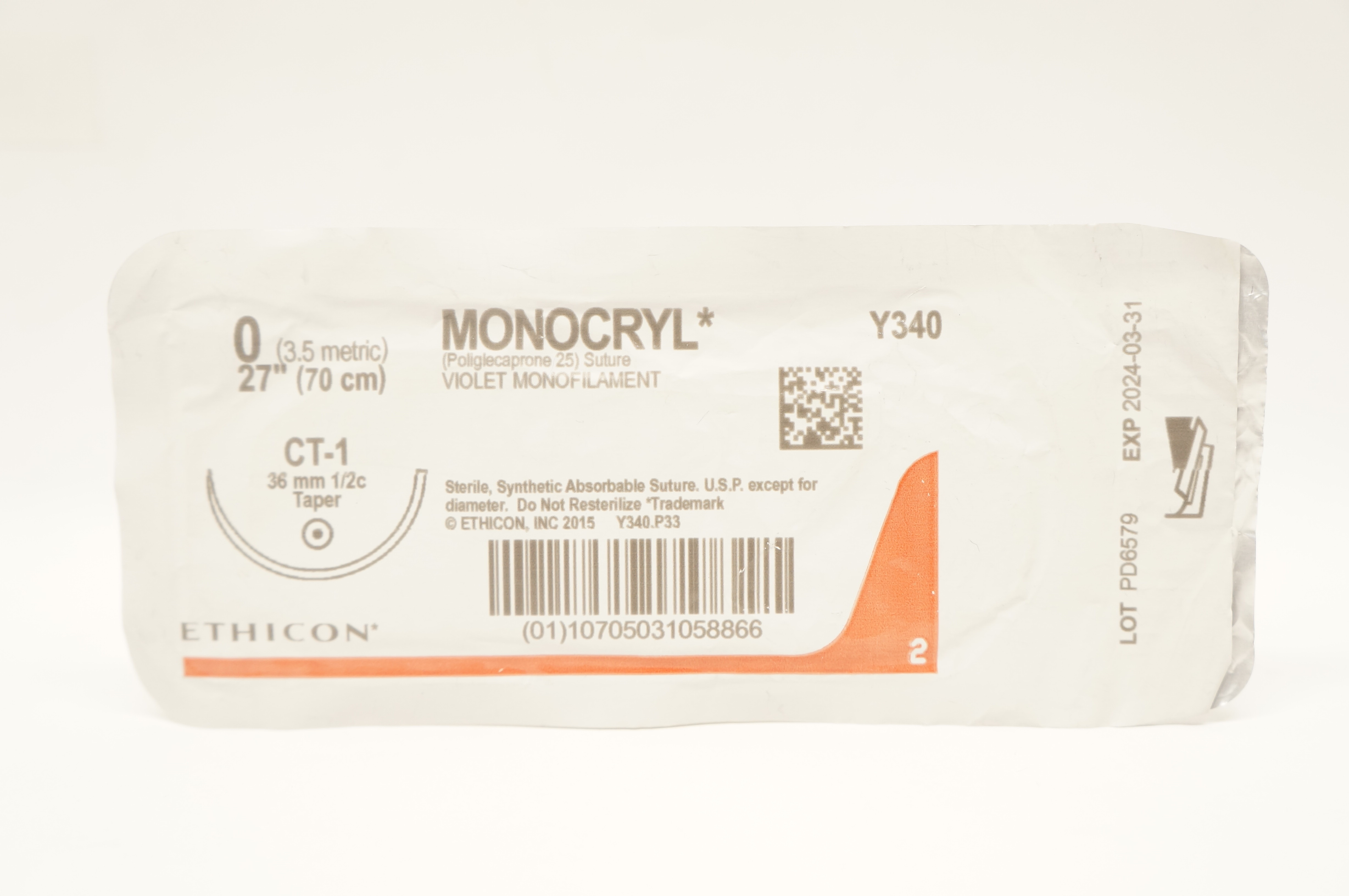 Ethicon Y340 0 MONOCRYL Violet Monofilament Stre CT-1 36mm 1/2c Taper, 27inch
