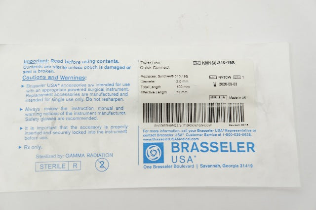 Braseler KM166-310-19S Twist Drill 2.0 x 100 x 75mm