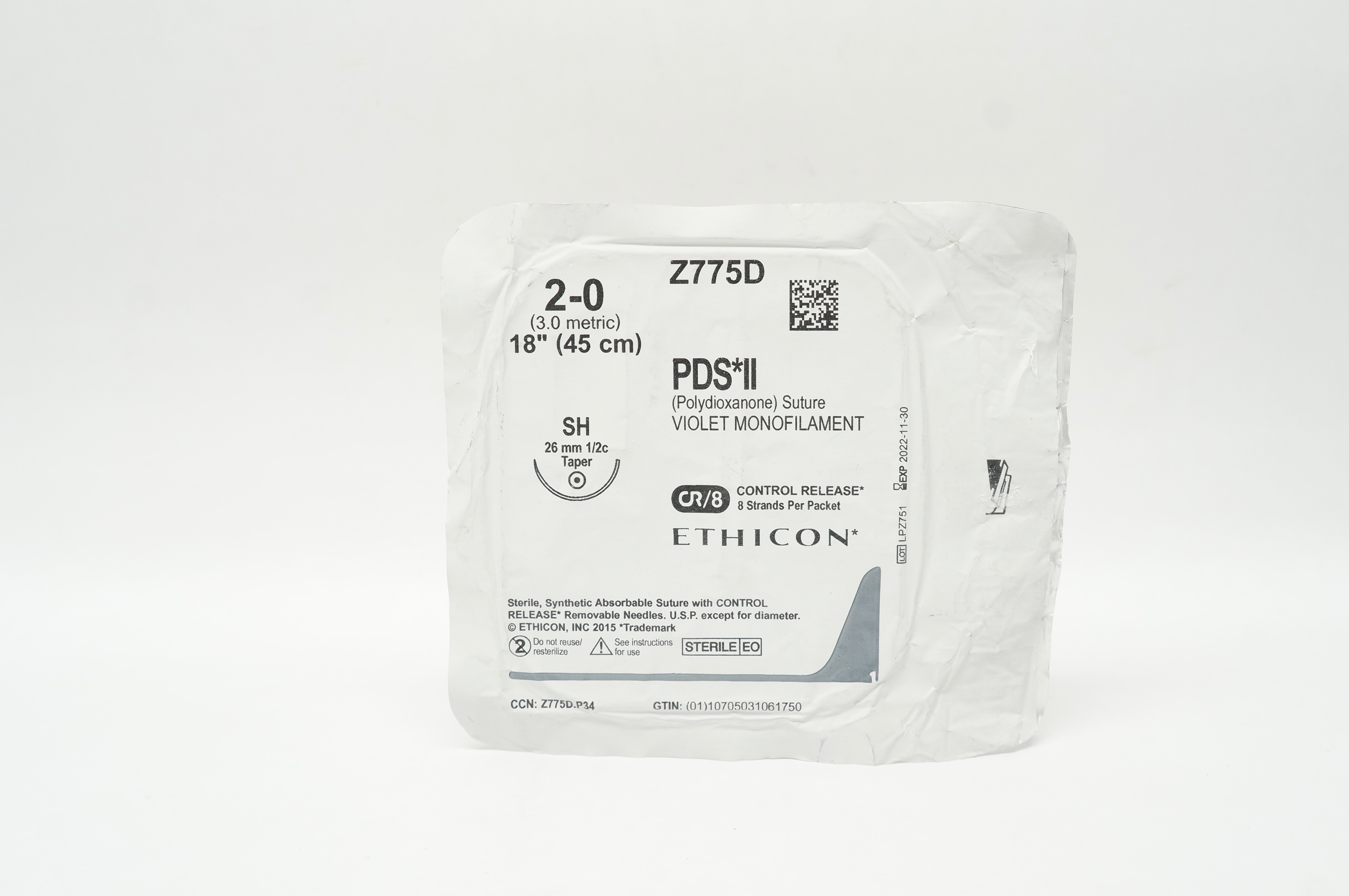 Ethicon Z775D 2-0 PDS II Polydioxanone Stre SH 26mm 1/2c Taper 18inch CR/8 (x)