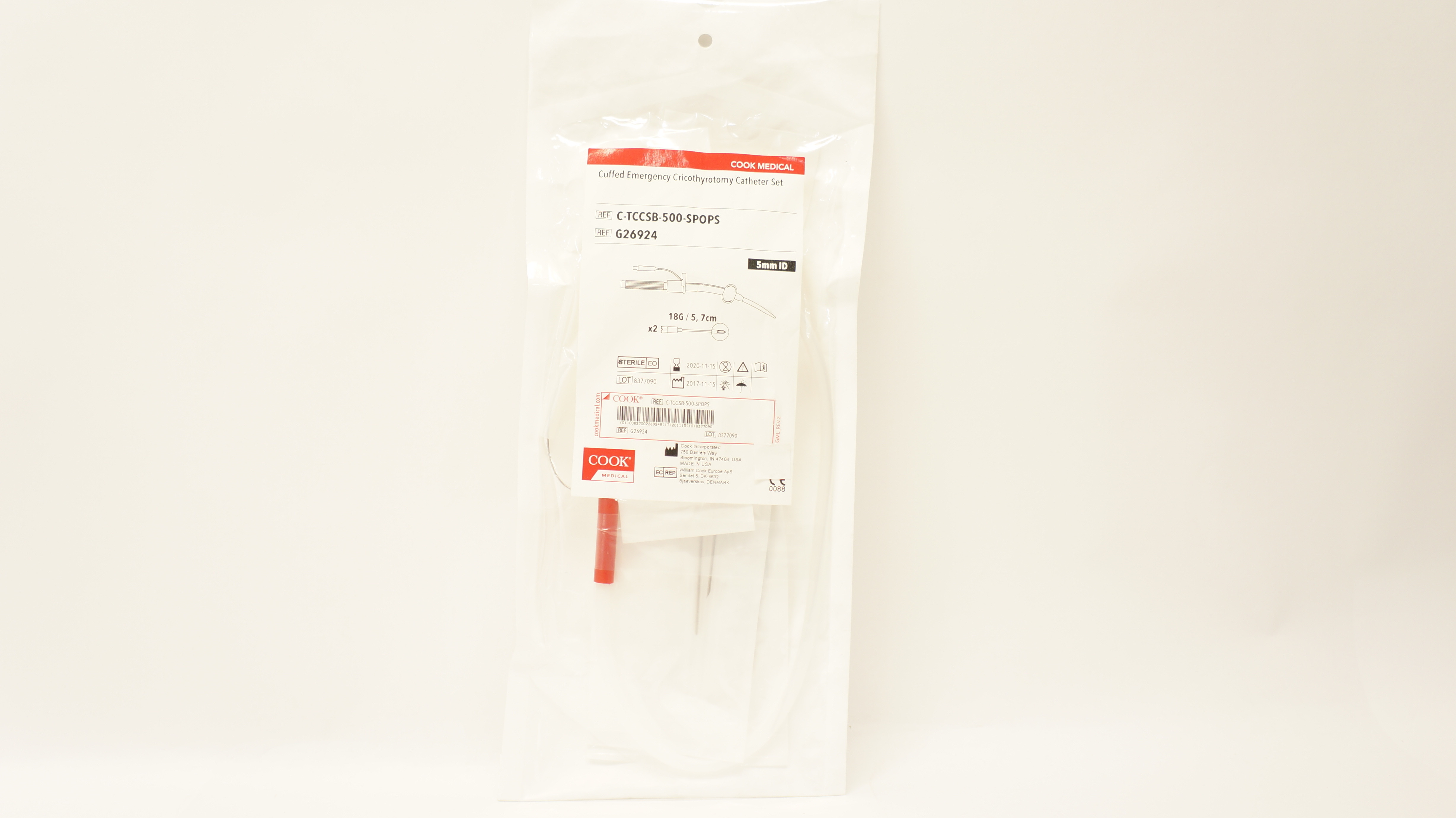 Cook Medical G26924 Cuffed Emergency Cricothyrotomy Cath. Set 5mm ID x 18G (x)
