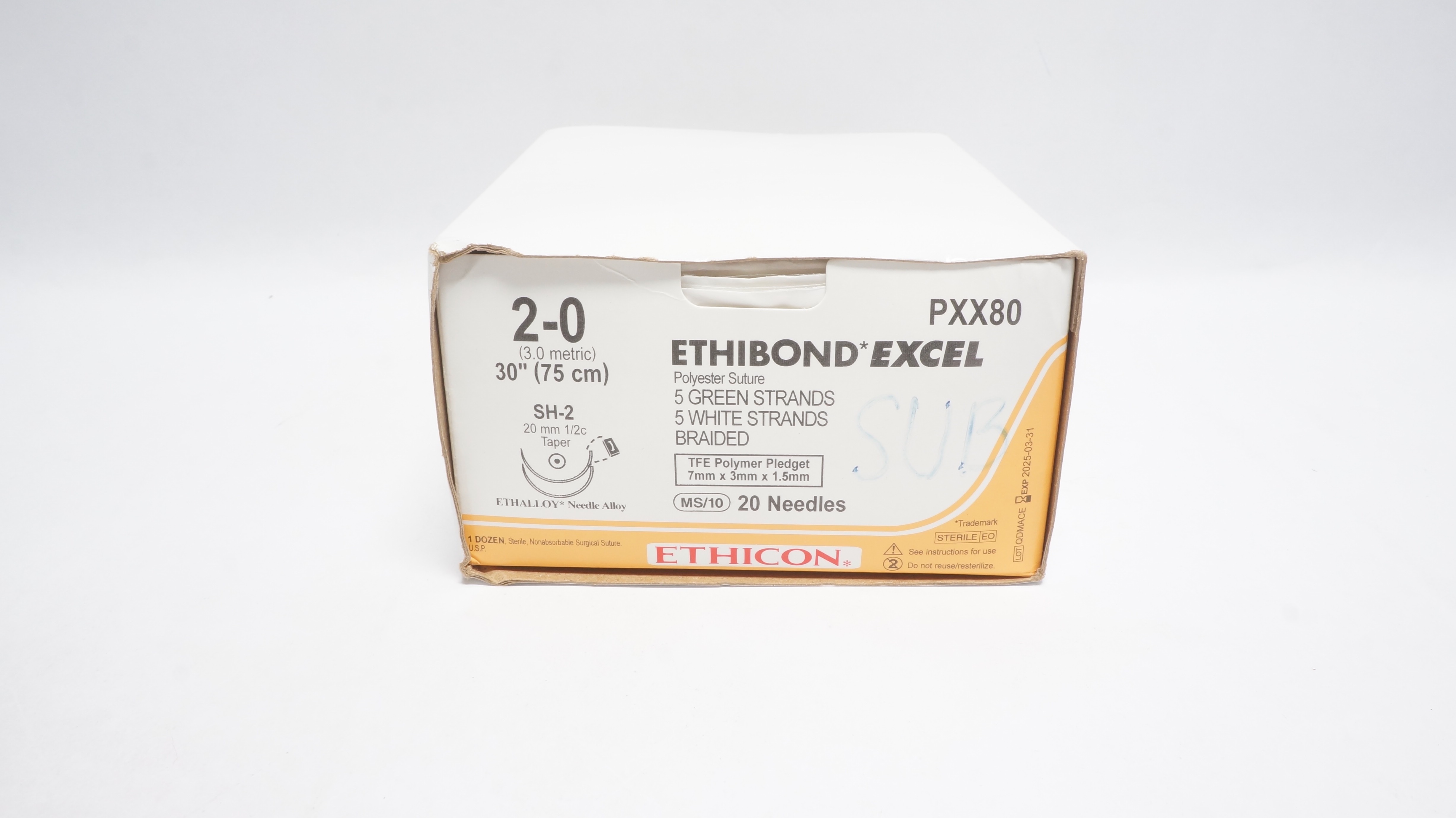 Ethicon PXX80 2-0 Ethibond Excel Polyester Stre SH-2 20mm 1/2c 30in-Box of 12(x)