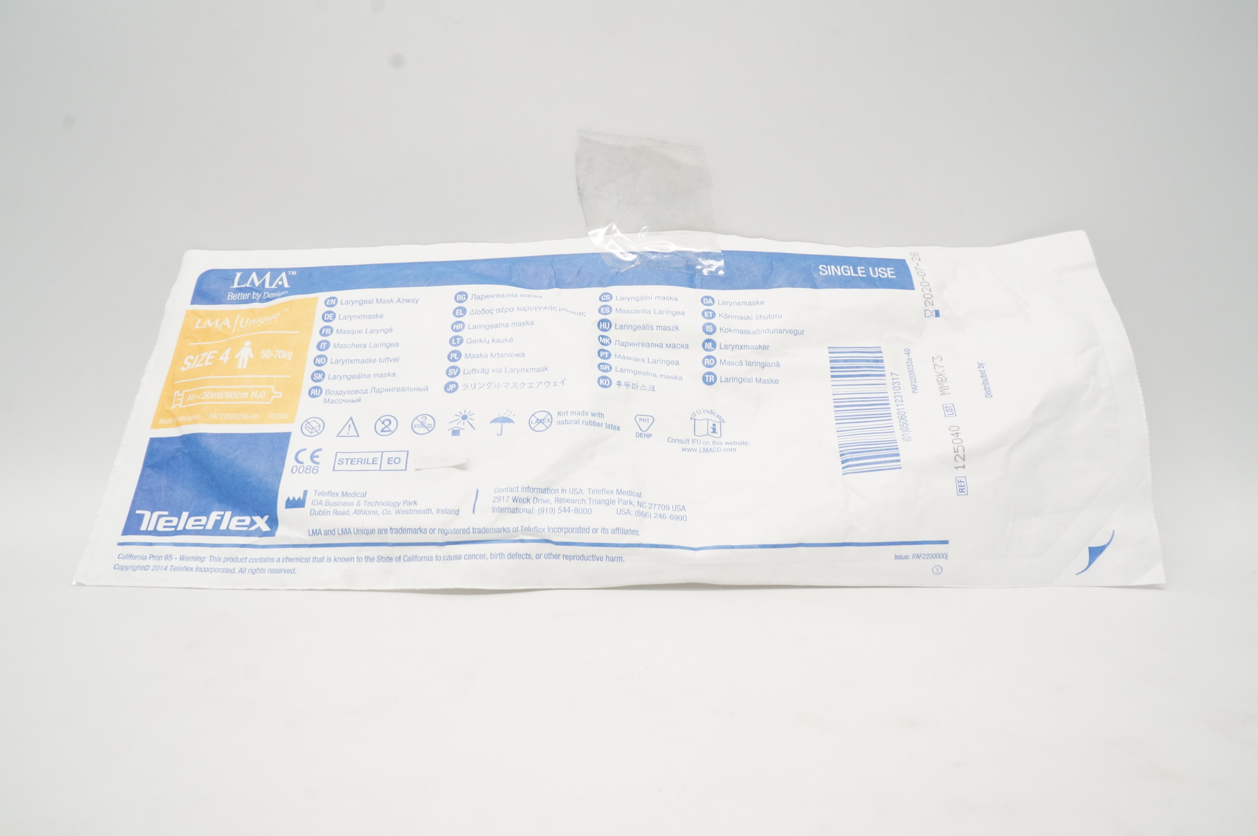 Teleflex 125040 LMA Unique Laryngeal Mask Airway Size 4, 50-70kg (x)