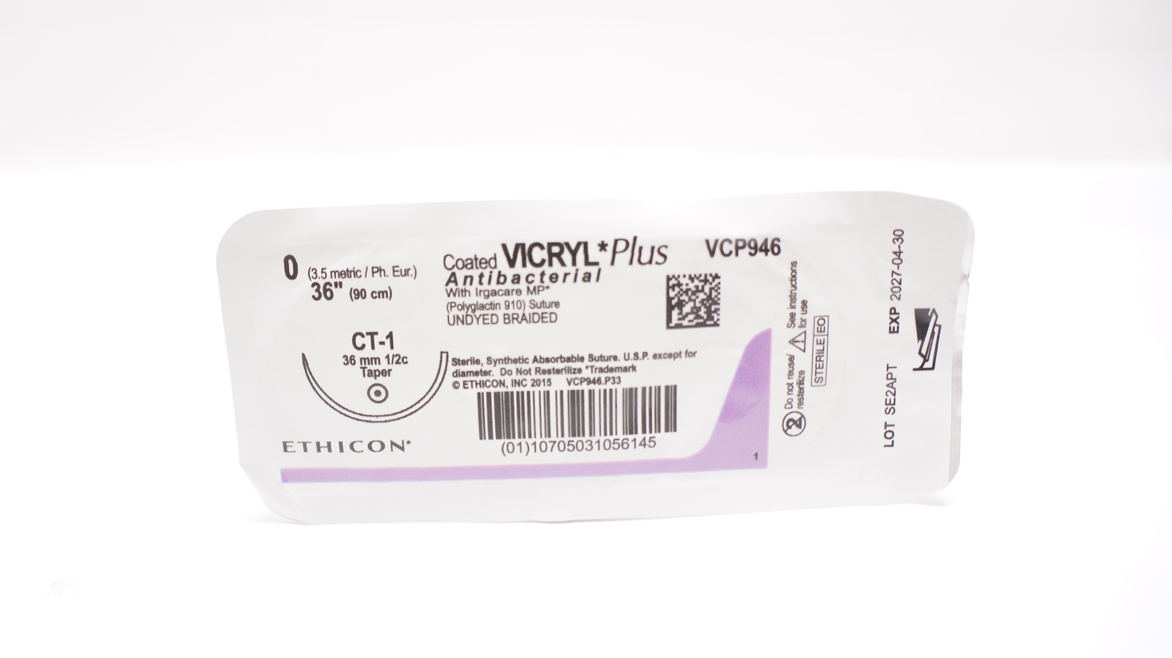 Ethicon VCP946 0 VICRYL Plus Antibacterial, CT-1, 36mm 1/2c Taper,  36inch
