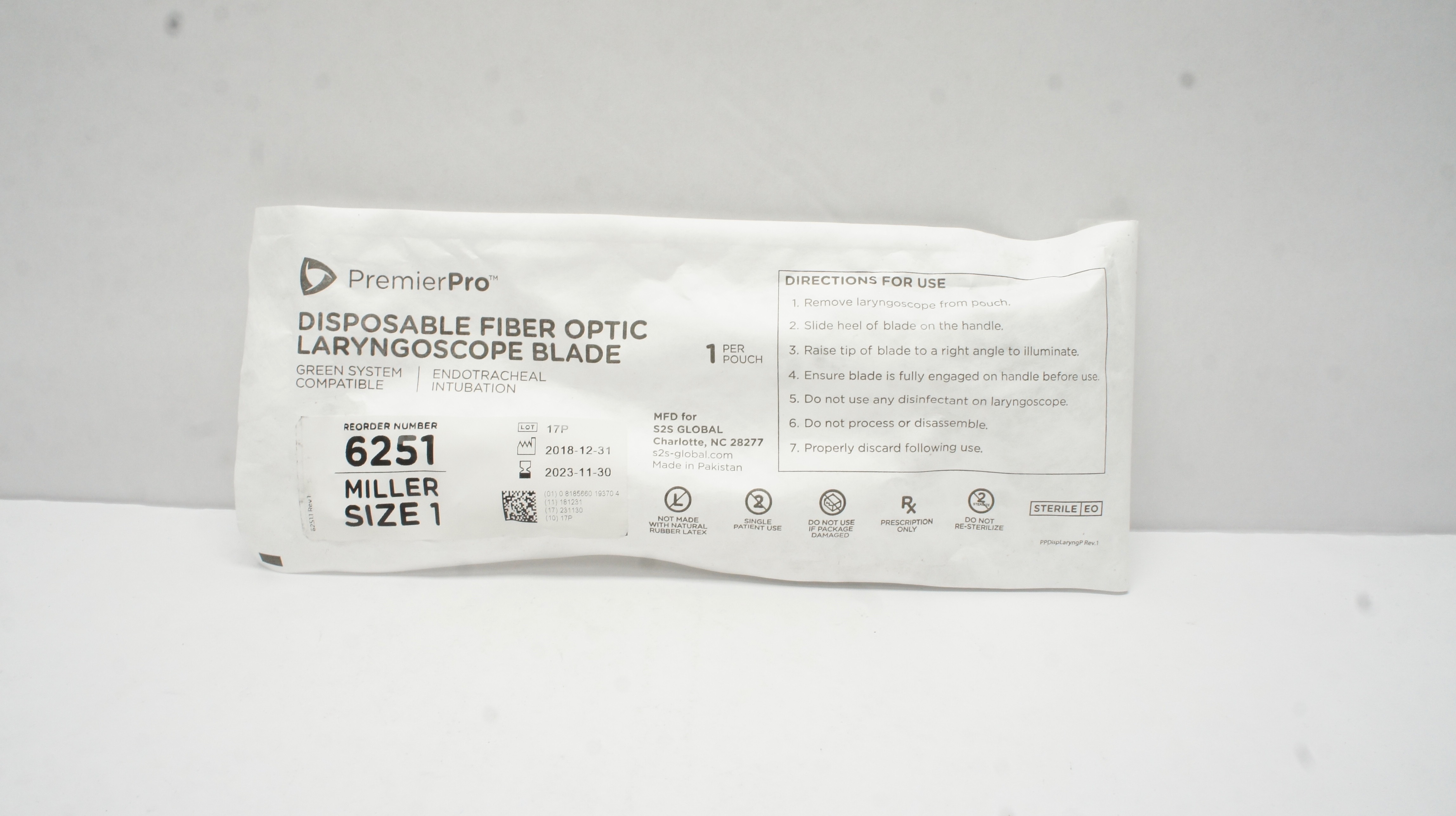 S2S Global 6251 PremierPro Fiber Optic Laryngoscope Blade MIL 1 (x)