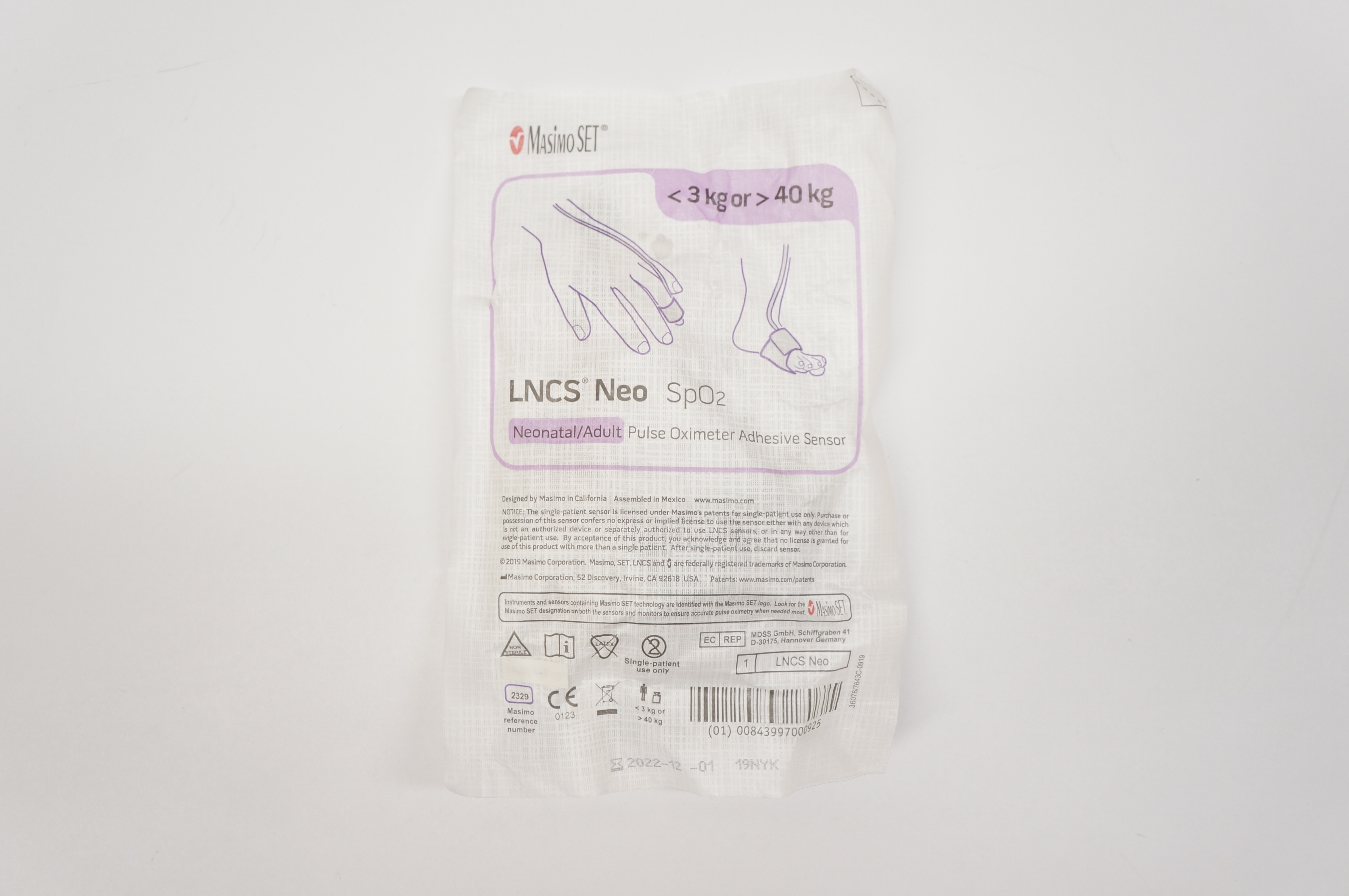 Masimo 2329 LNCS Neo SpO2 Pulse Oximeter Adhesive Sensor <3kg or> 40kg