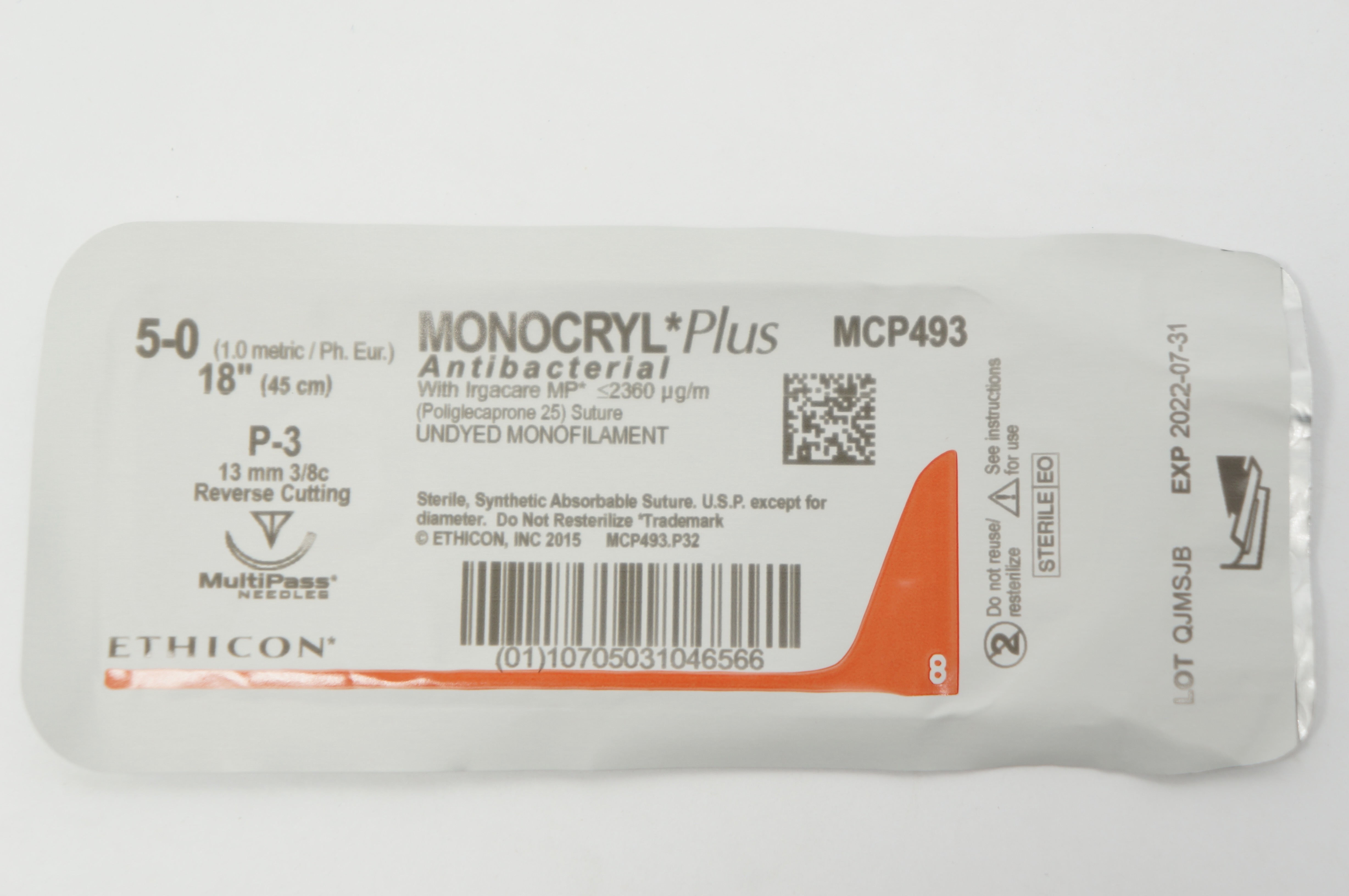 Ethicon MCP493 5-0 MONOCRYL Plus, P-3, 13mm 3/8c Reverse Cutting, 18inch (x)