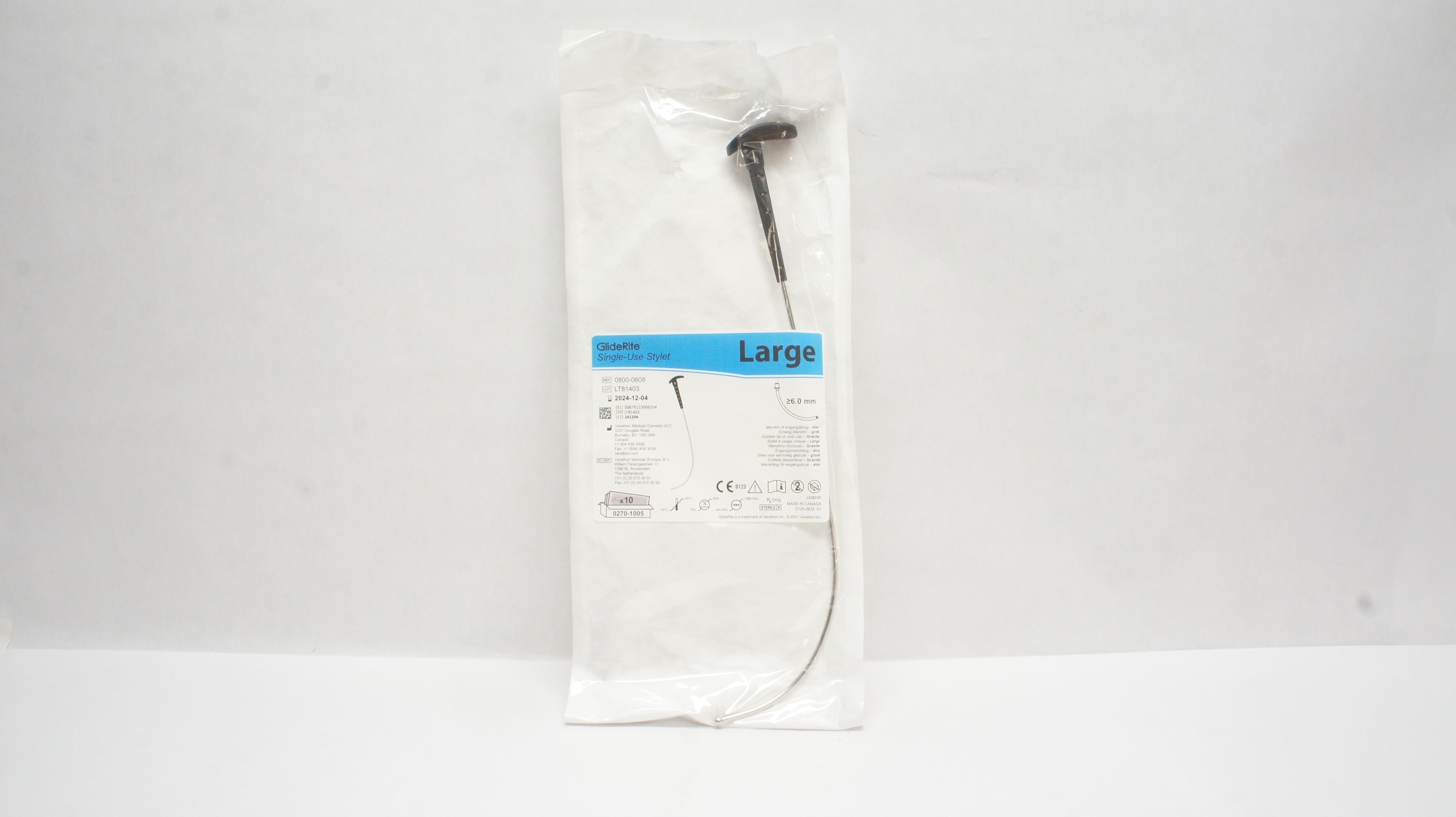 Verathon Medical 0800-0608 GlideRite Single Use Stylet, Large ≥6.0mm
