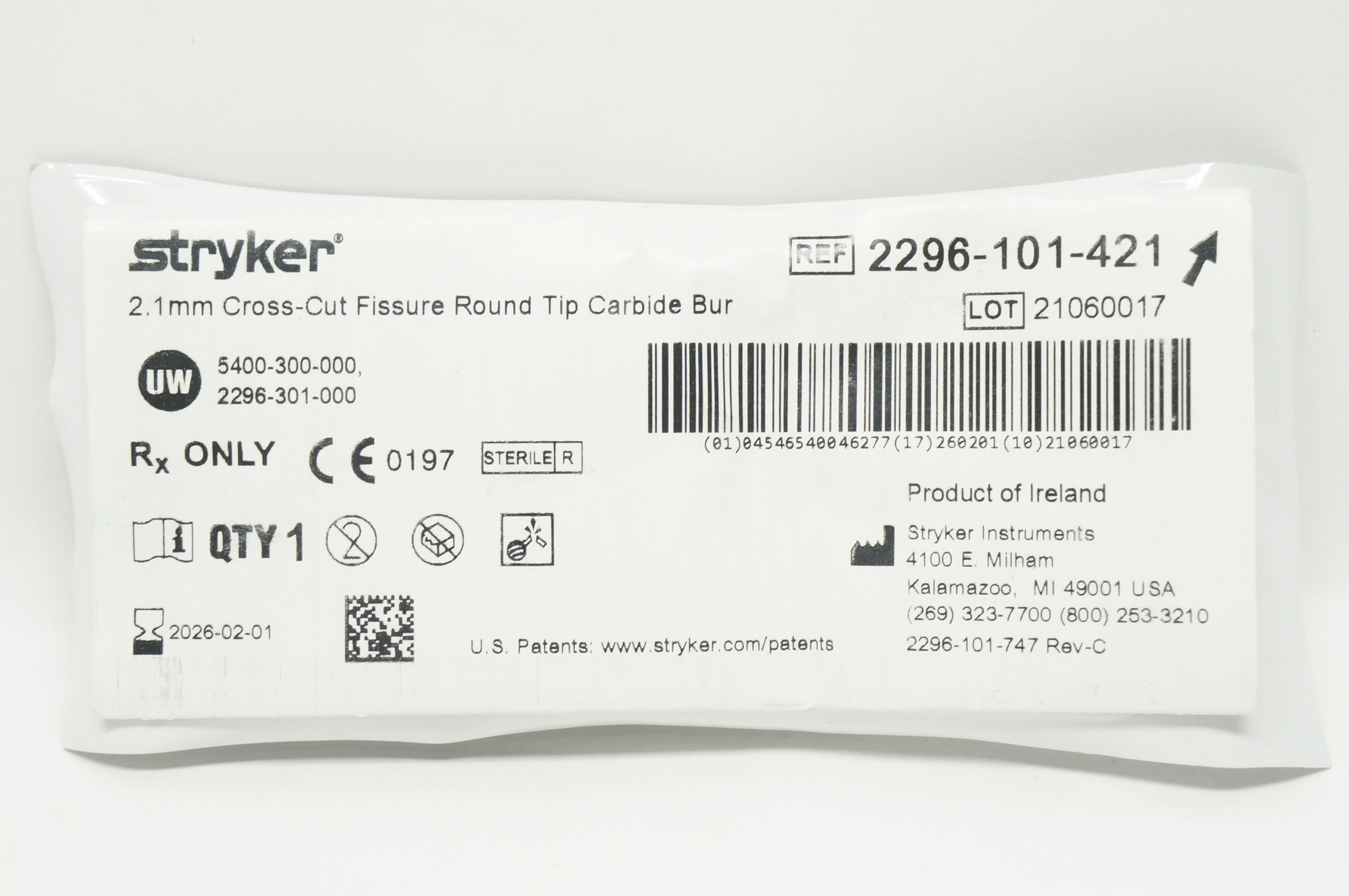 Stryker 2296-101-421 Cross-Cut Fissure Round Tip Carbide Bur 2.1mm