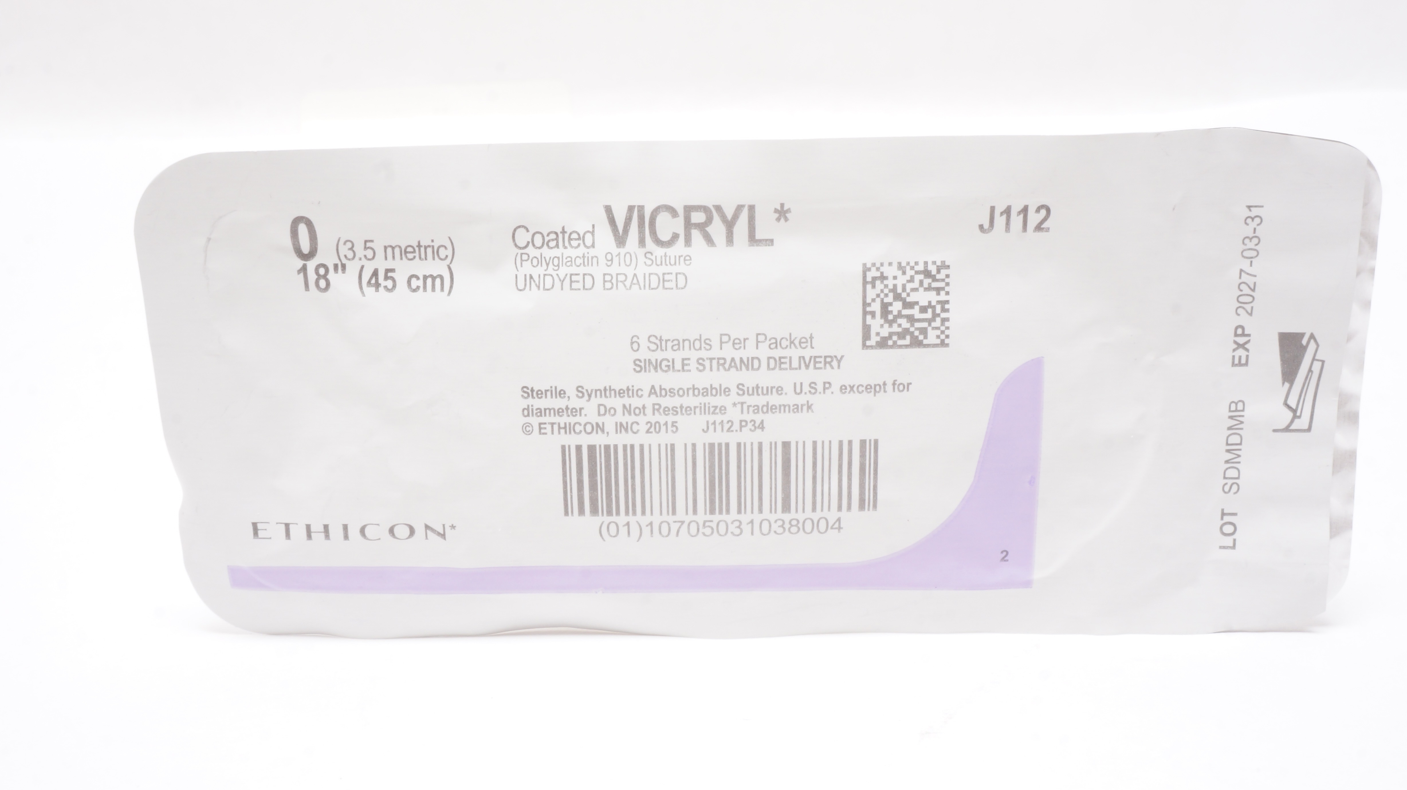 Ethicon J112 0 VICRYL Undyed Braided, 18inch