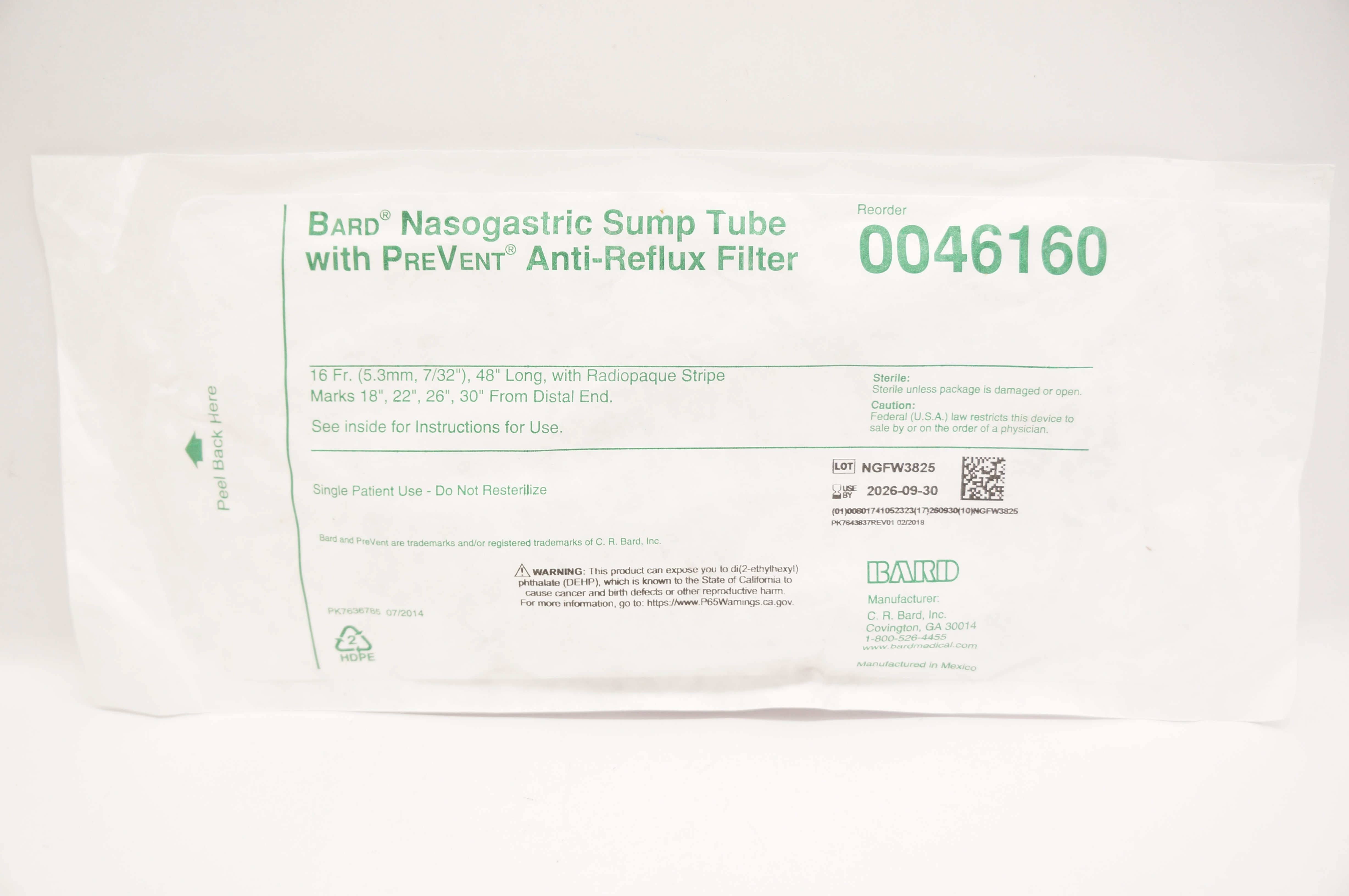 Bard 0046160 Nasogastric Sump Tube With PreVent Anti-Reflux Filter 16Fr x 48inch