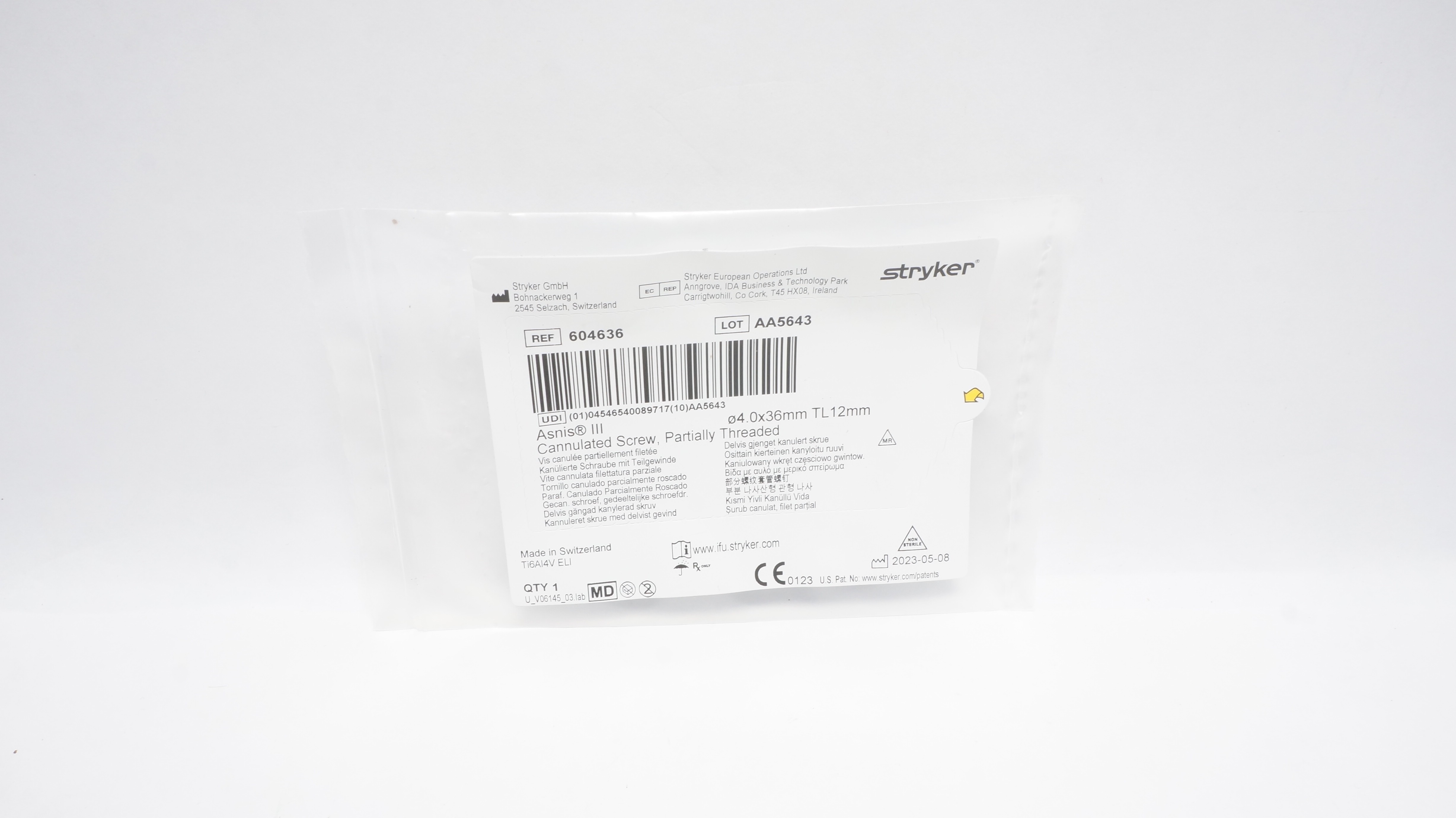Stryker 604636 Asnis III Cannulated Screw, Partially Threaded 4.0 x 36mm TL 12mm