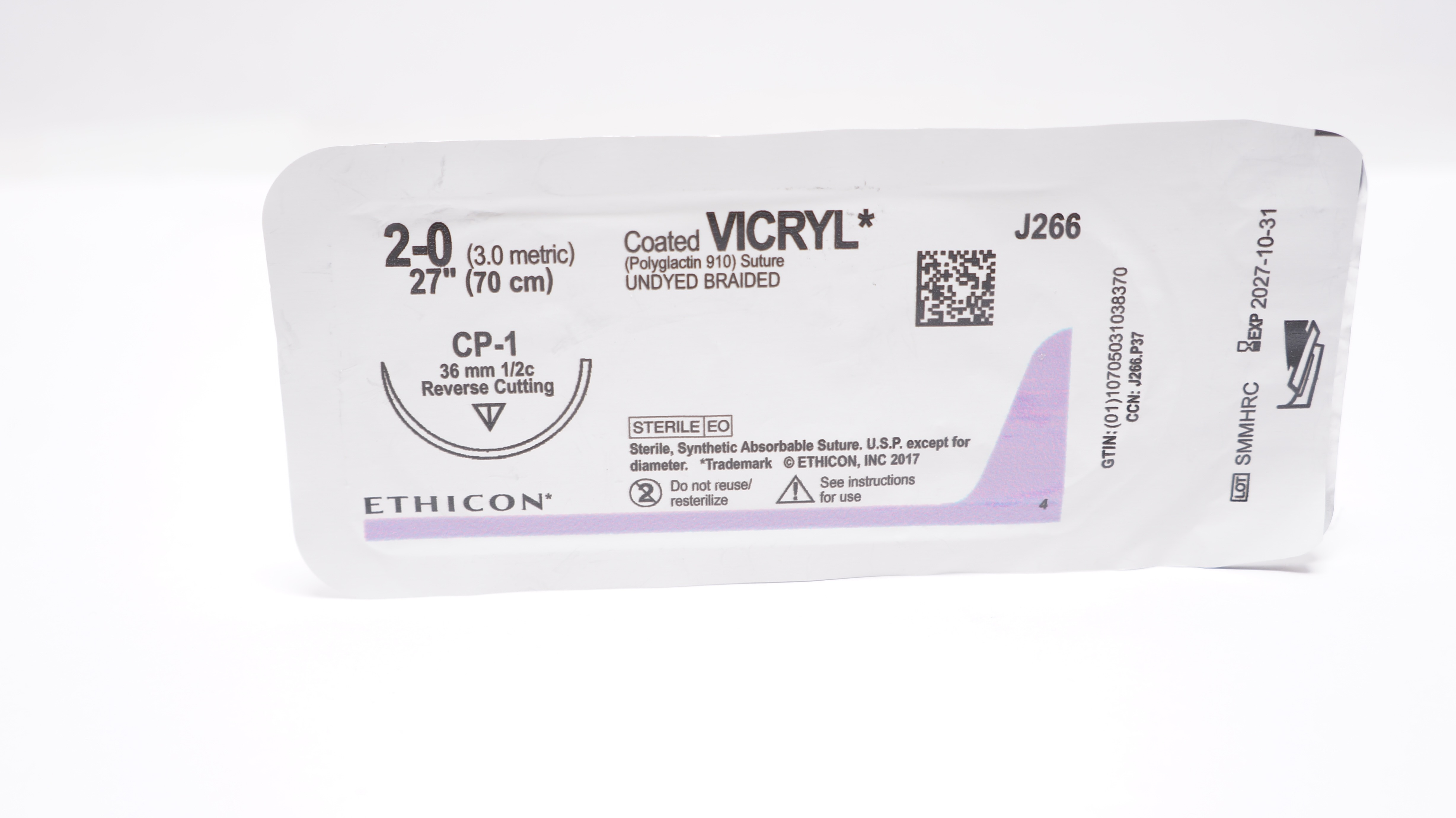 Ethicon J266 2-0 Coated VICRYL Stre CP-1 36mm 1/2c Reverse Cutting, 27inch