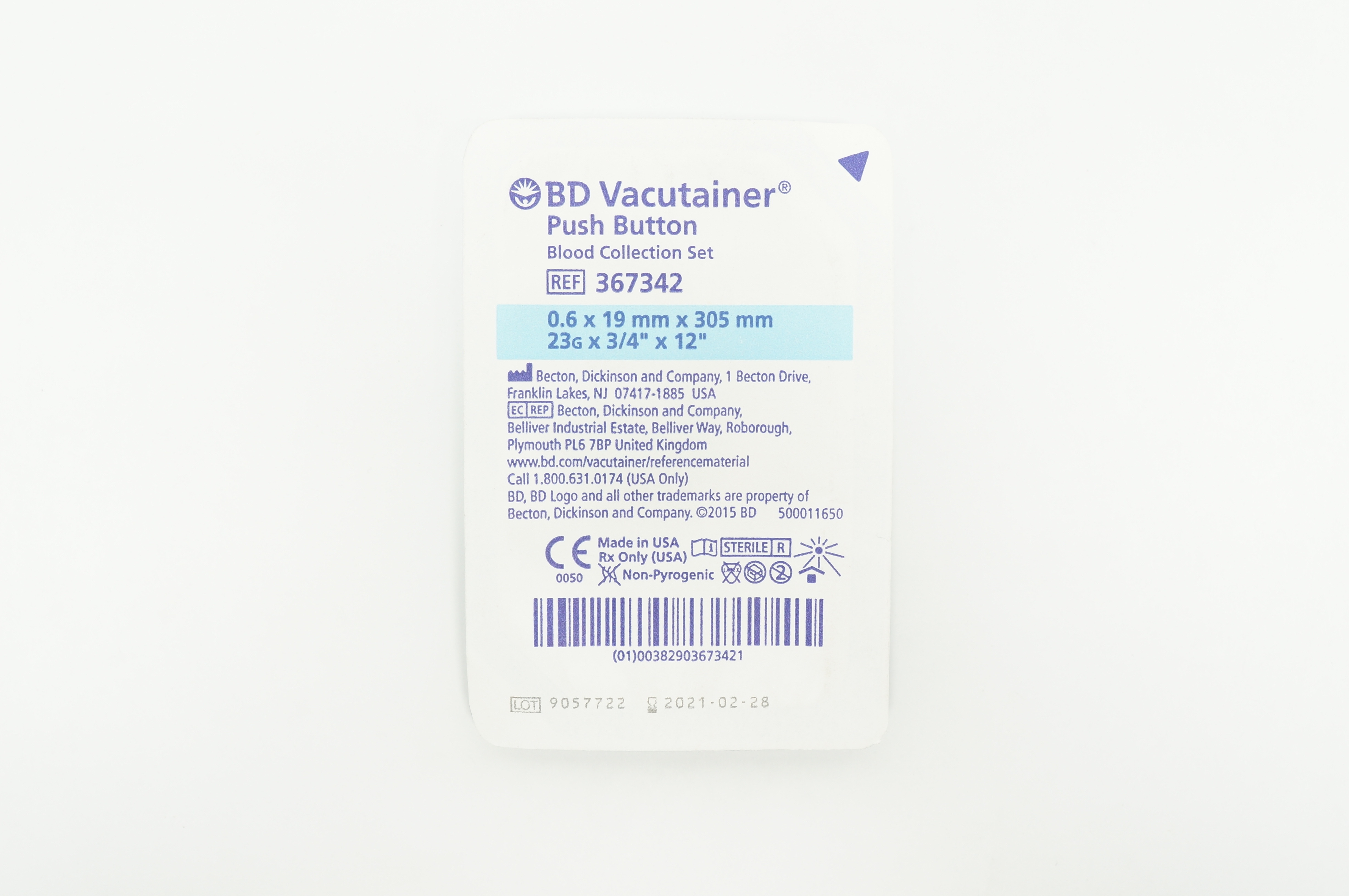 BD 367342 Vacutainer Push Button Blood Collection Set 23G x 3/4 inch x 12 inch