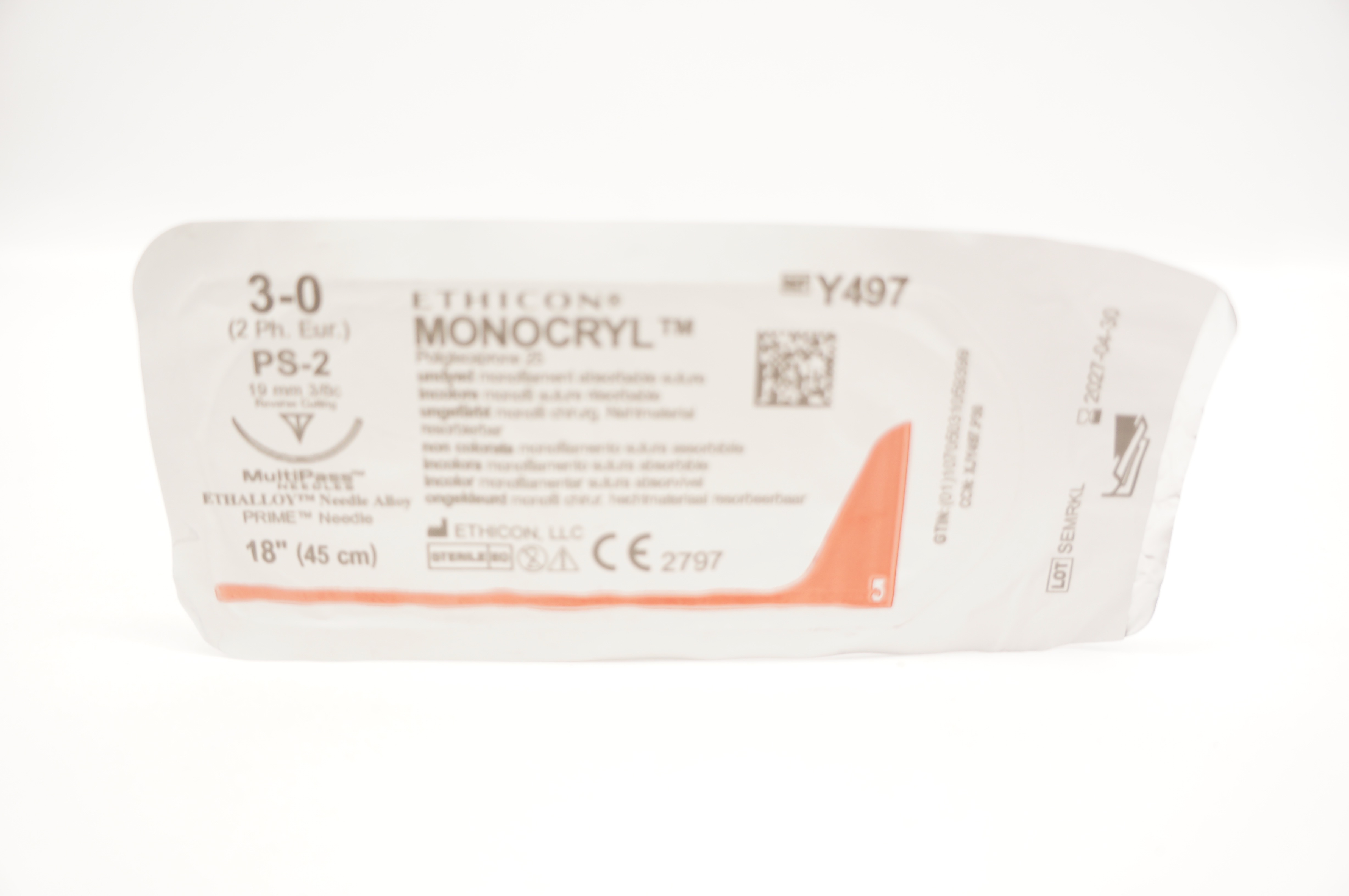 Ethicon Y497 3-0 MONOCRYL Stre PS-2 19mm 3/8c Reverse Cutting, 18inch
