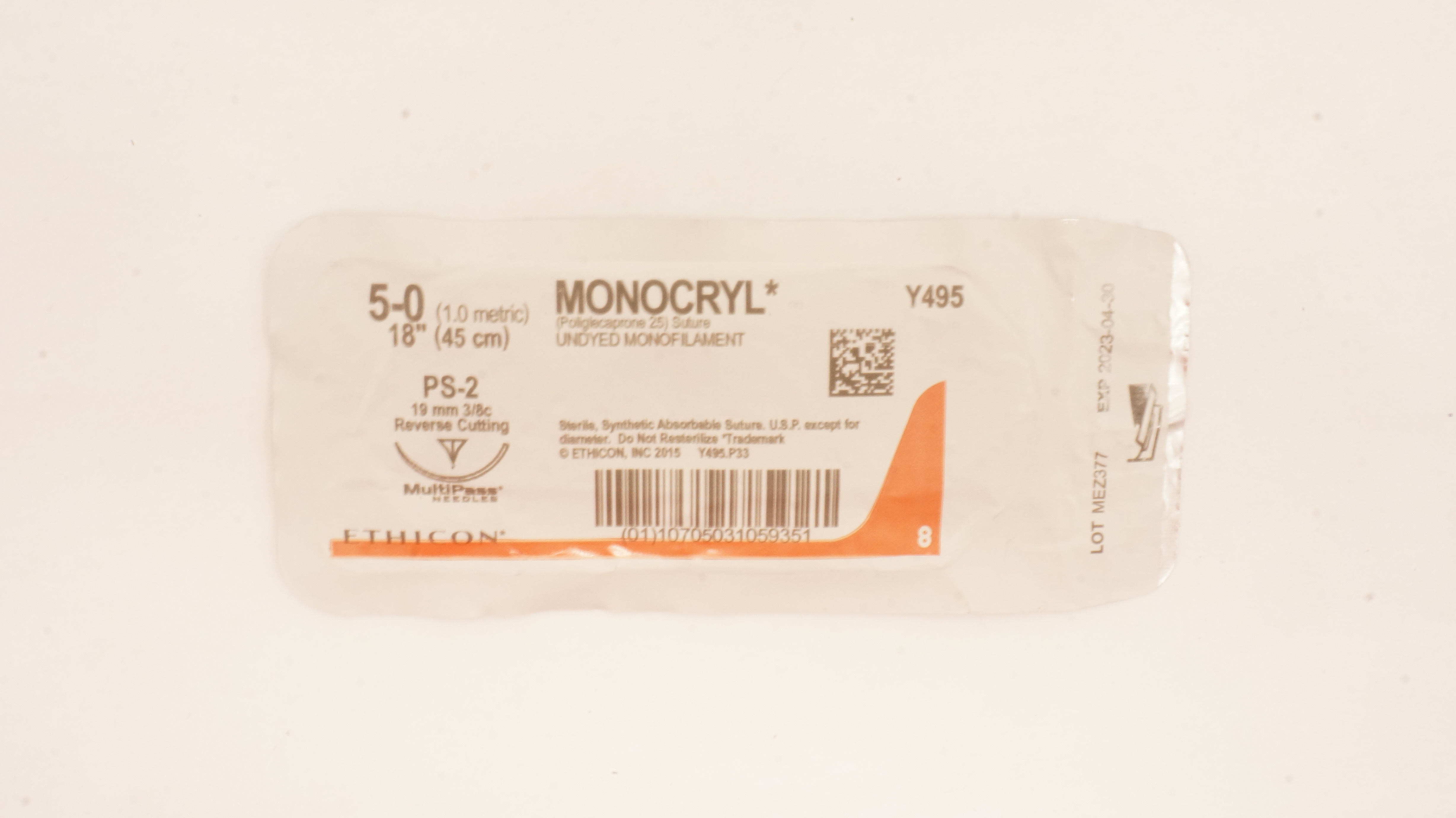 Ethicon Y495 5-0 Monocryl Stre Undyed PS-2 19mm 3/8c Reverse Cutting, 18inch