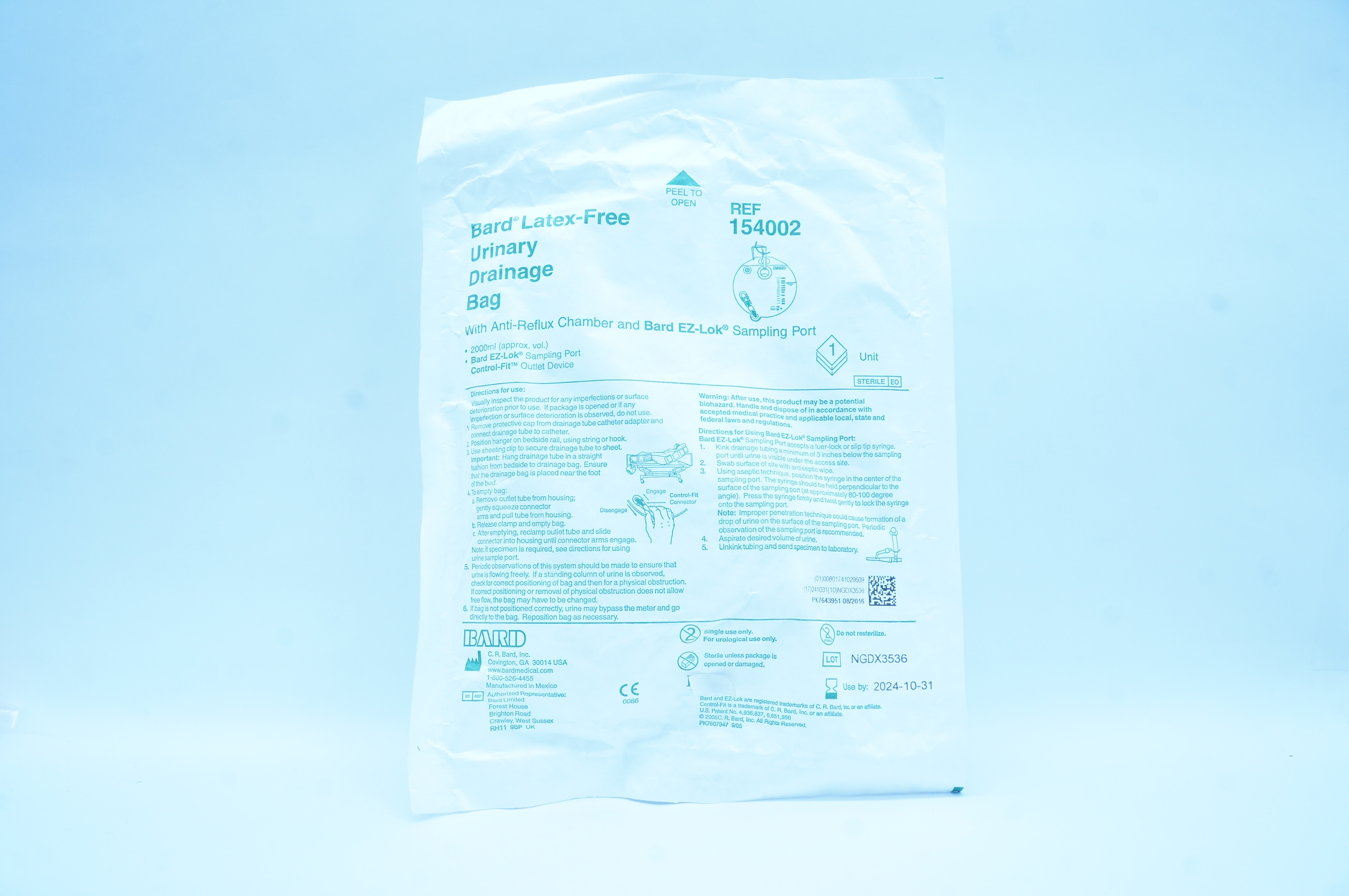 Bard 154002 Urinary Drainage Bag with Anti-Reflux Chamber & Sampling Port 2000ml