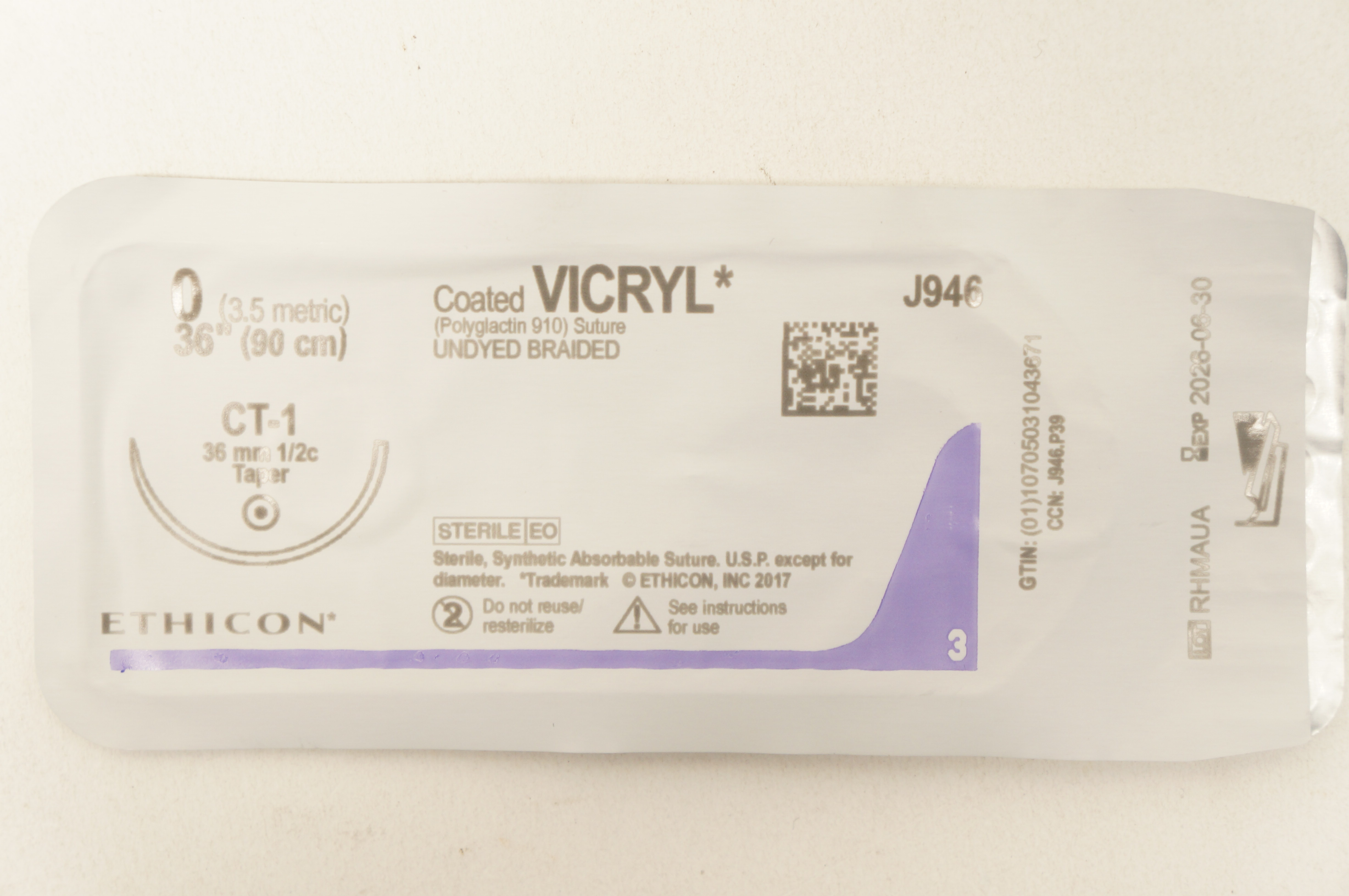 Ethicon J946 0 Coated VICRYL Stre CT-1 36mm 1/2c Taper 36inch