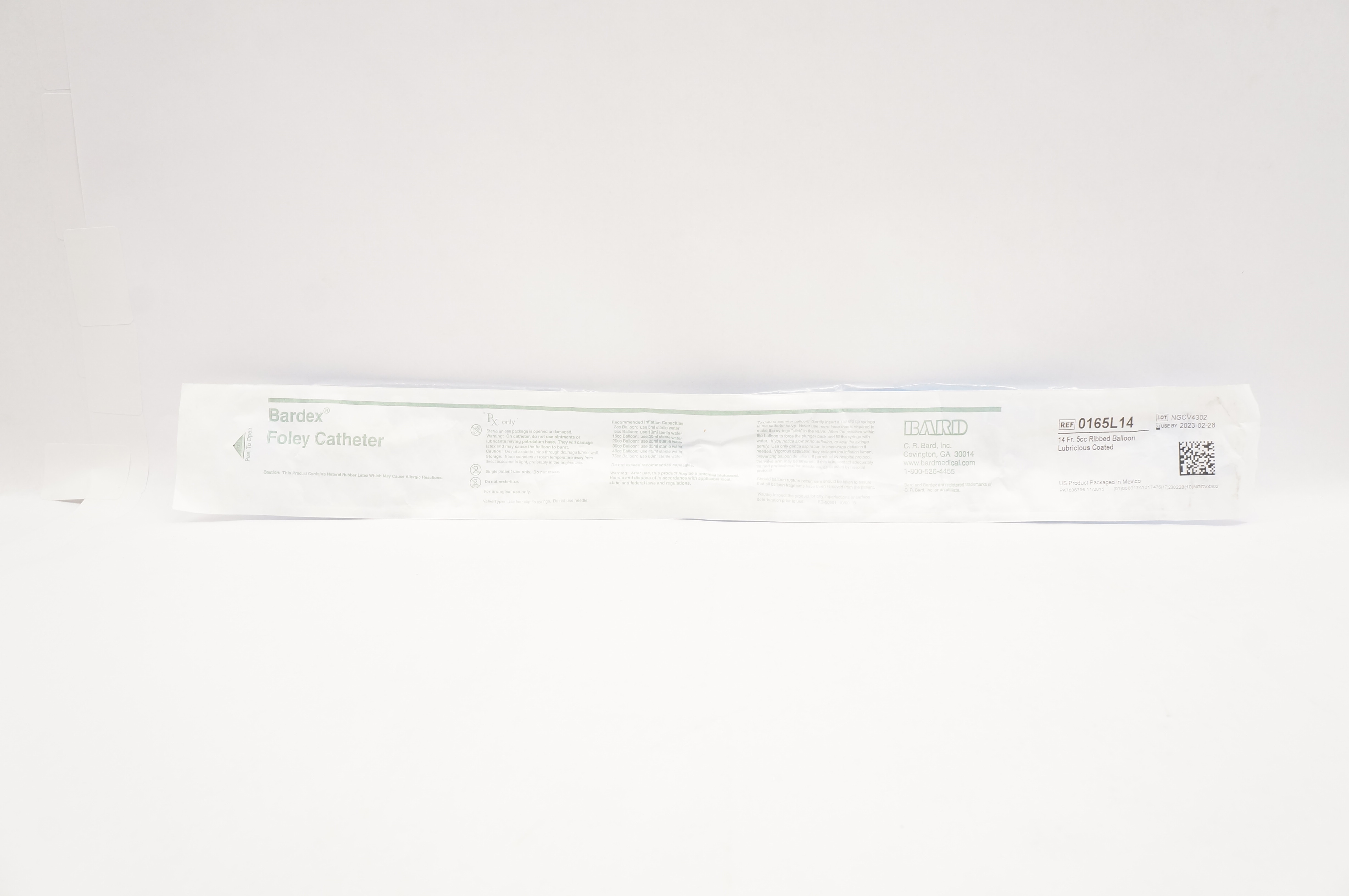 Bard 0165L14 Bardex Foley Cath. 14Fr 5cc Ribbed Balloon Lubricious Coated