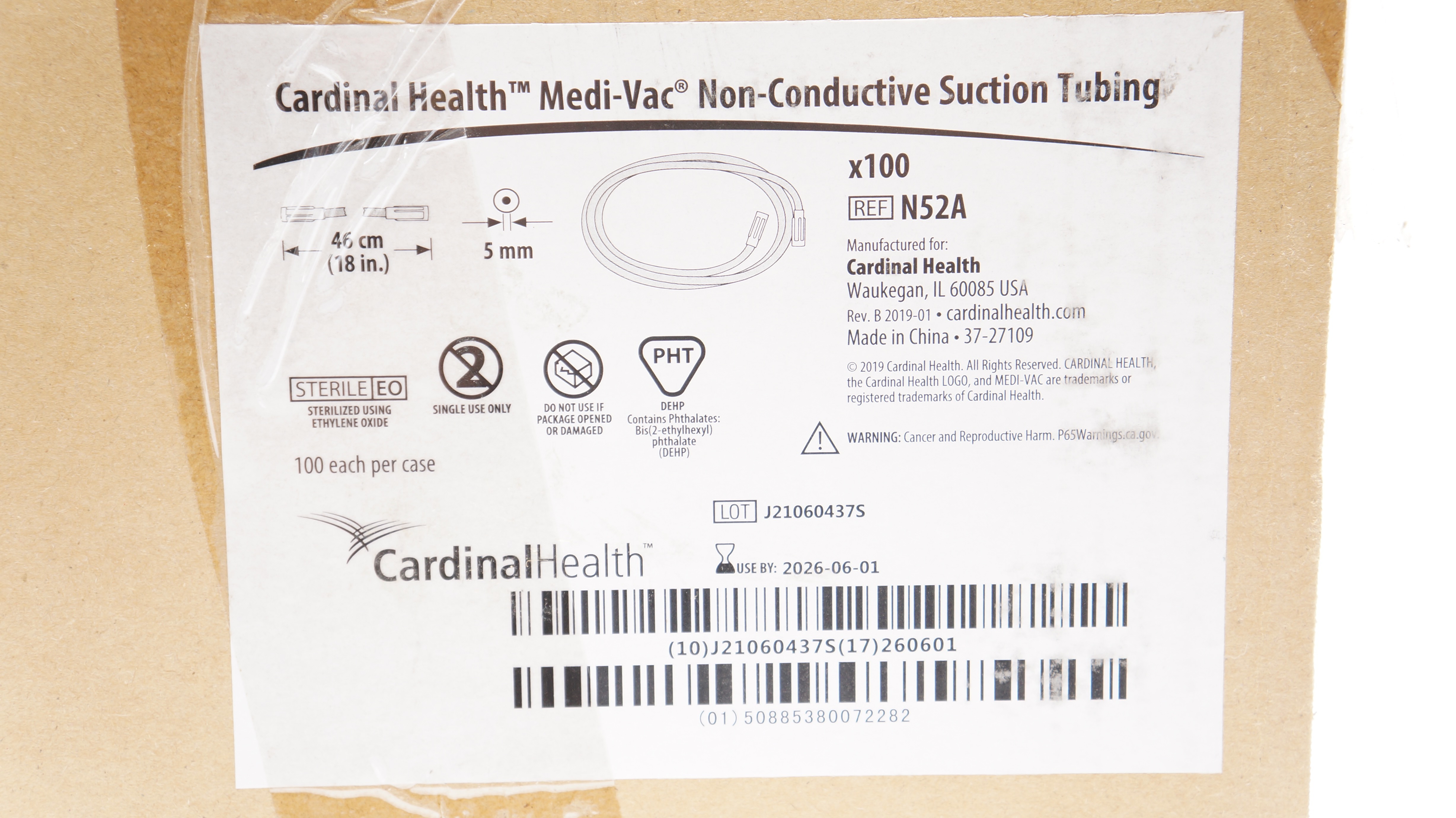 Cardinal Health N52A Medi-Vac Suction Tubing 5mm x 18inch - Box of 100