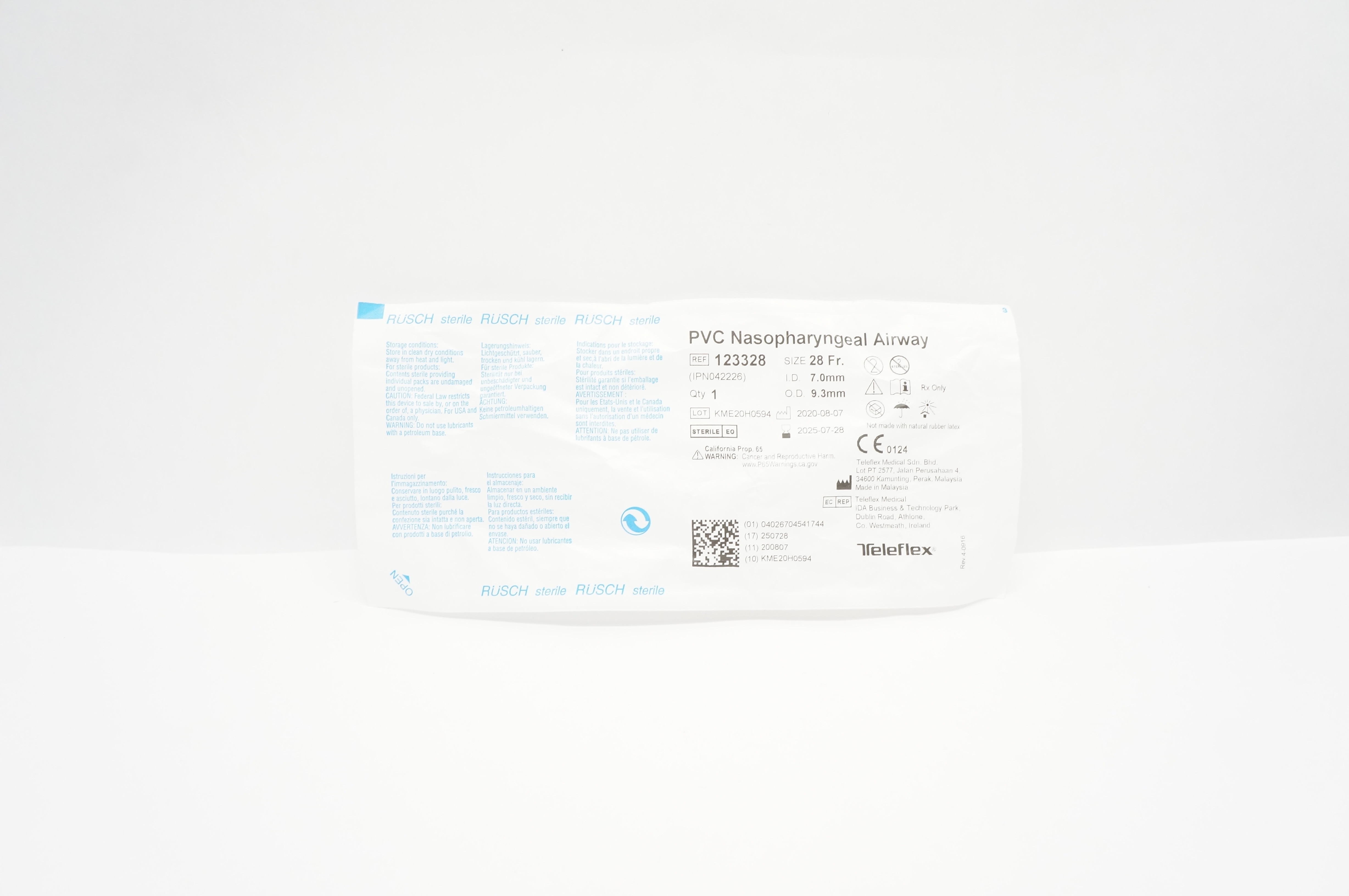 Teleflex 123328 RUSCH PVC Nasopharyngeal Airway 28Fr. x 7.0mm ID x 9.3mm OD