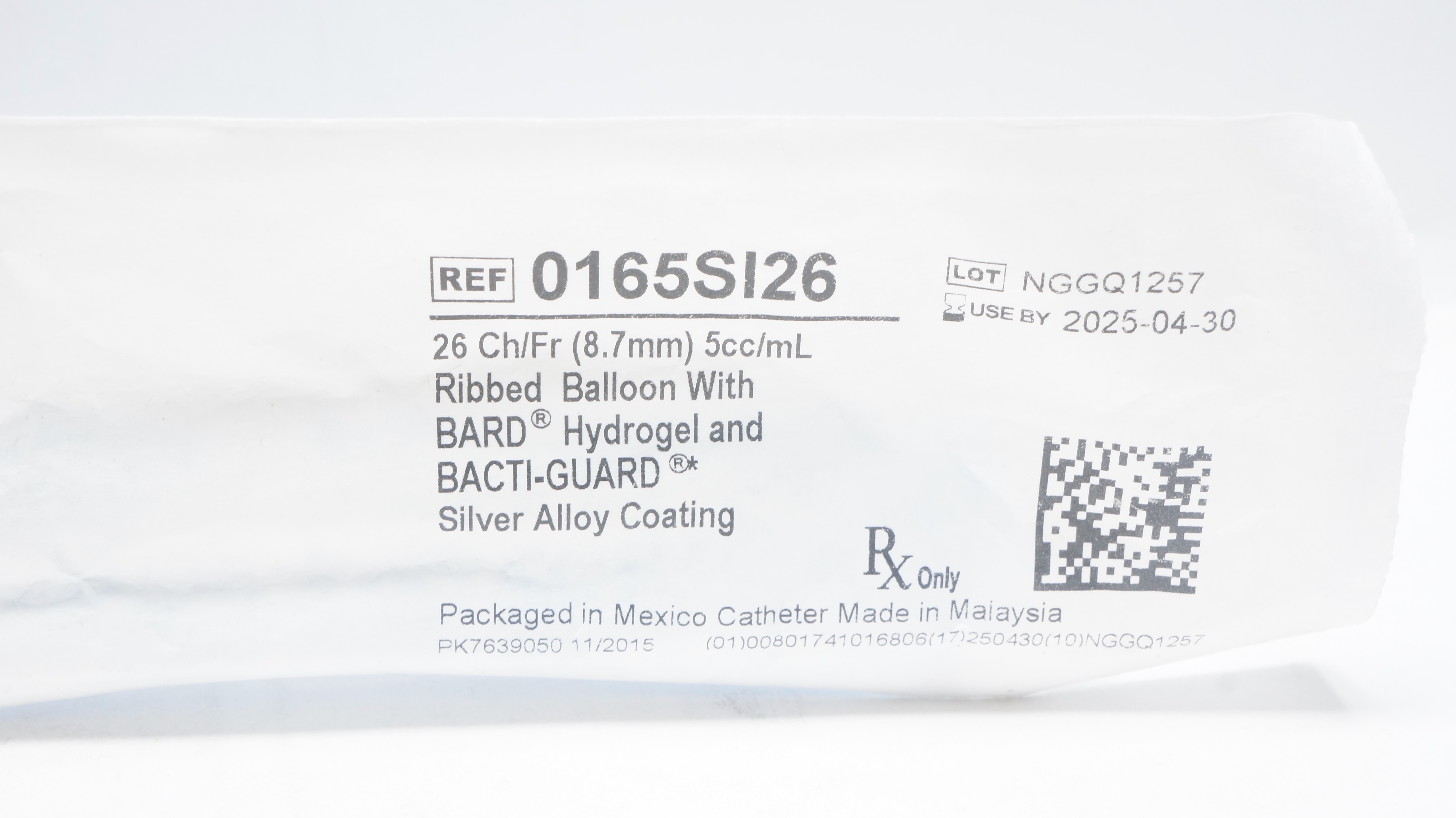 Bard 0165SI26 Bardex I.C. Anti-Infective Foley Cath. 26Ch/Fr x 5cc/mL Balloon