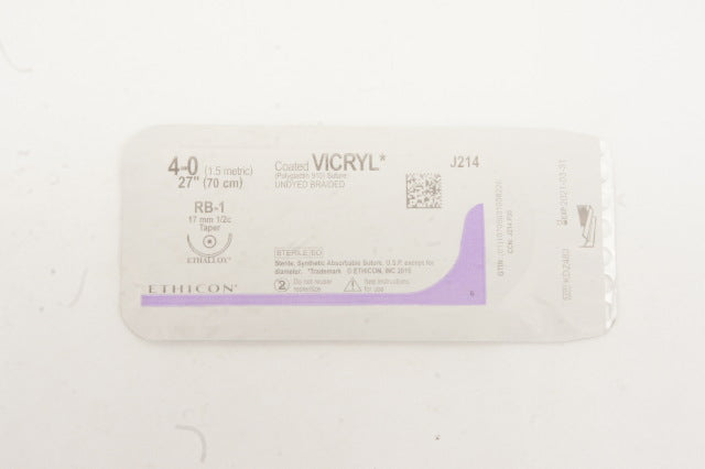 Ethicon J214 4-0 Coated VICRYL RB-1 17mm 1/2c Taper, 27inch (x)