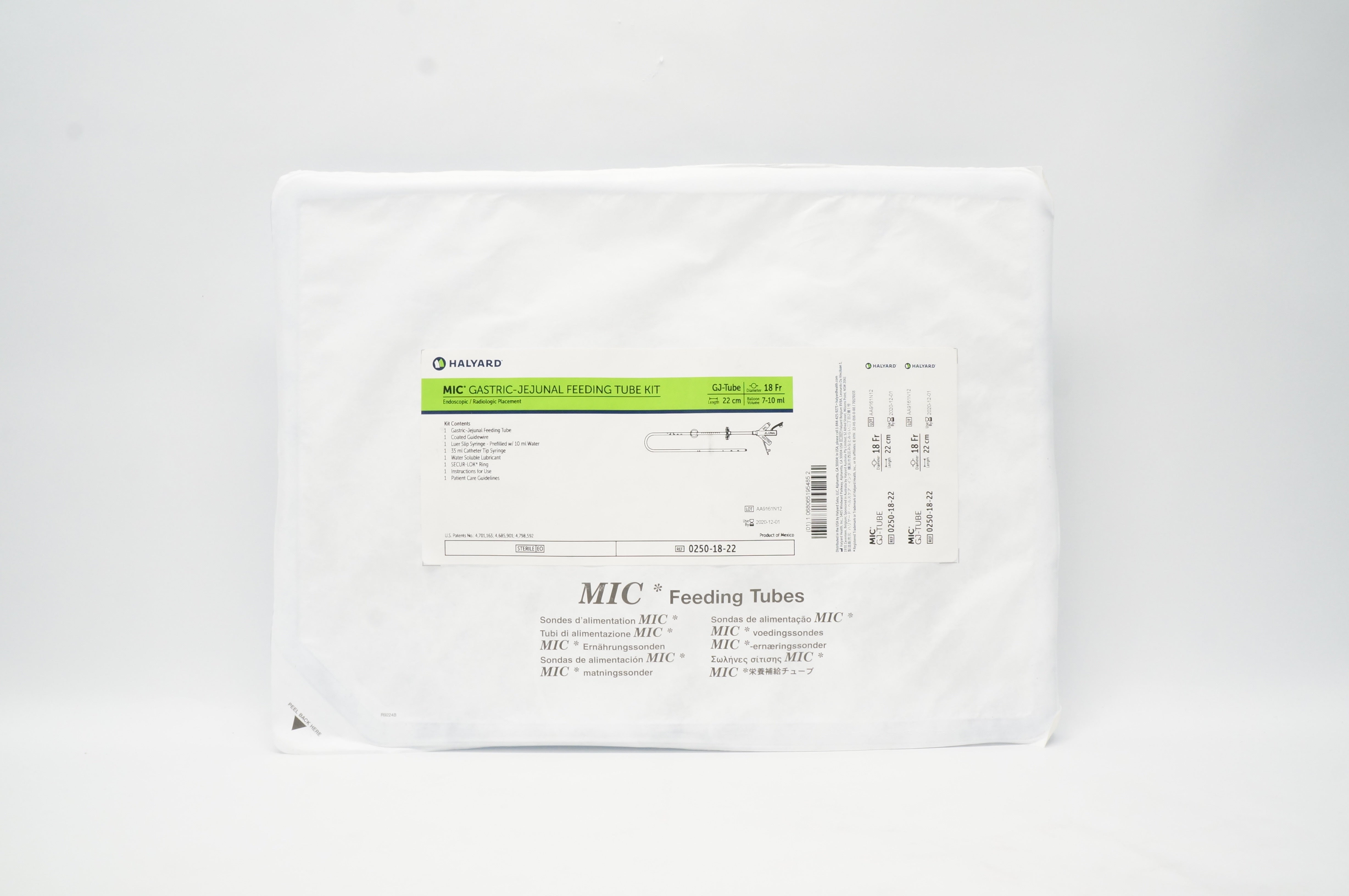 Halyard 0250-18-22 MIC Gastric-Jejunal Feeding Tube Kit 18Fr x 22cm 7-10ml (x)