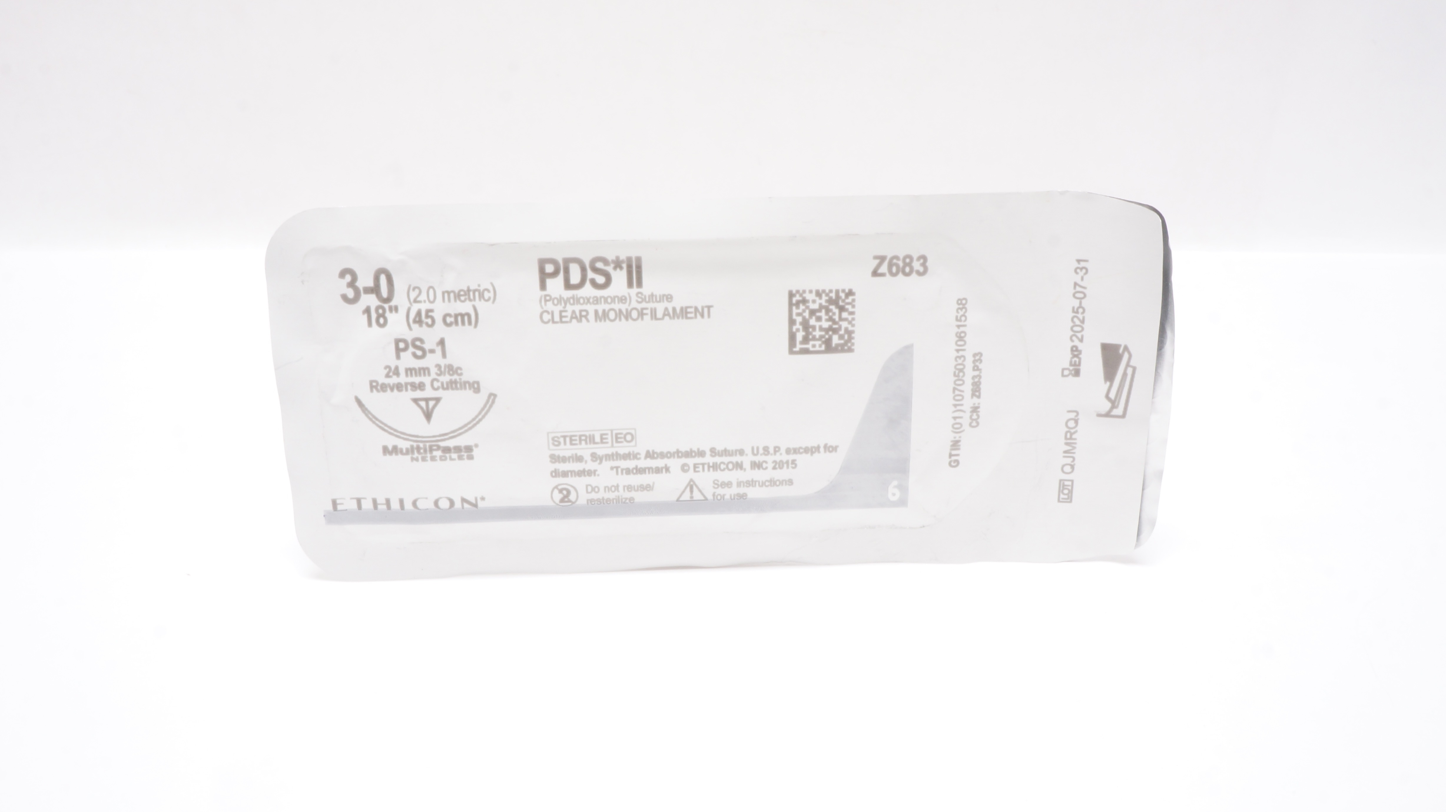 Ethicon Z683 3-0 PDS II, PS-1, 24mm 3/8c Reverse Cutting, 18 inch