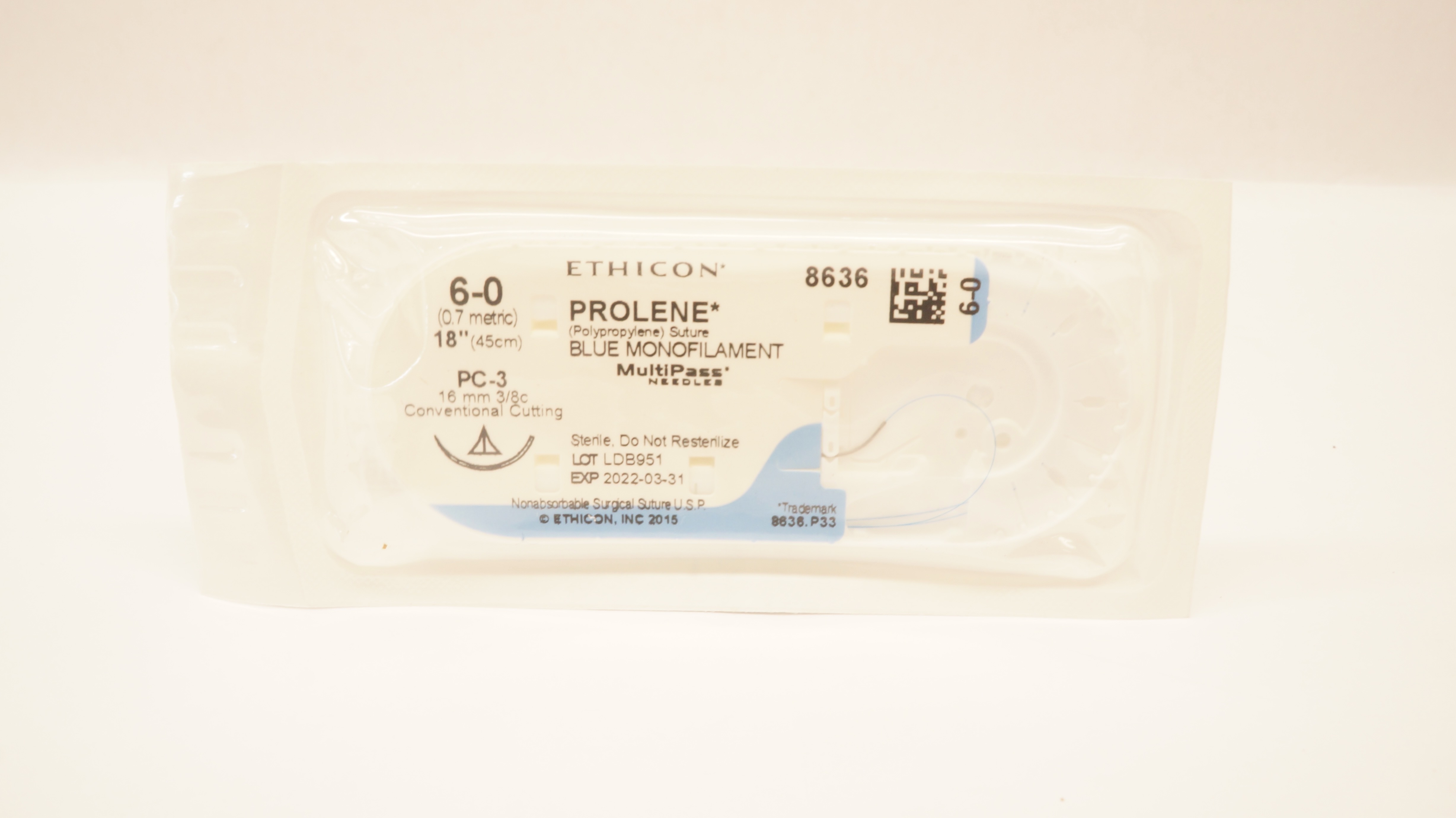 Ethicon 8636 6-0 PROLENE, PC-3, 16mm 3/8c, MultiPass, 18inch (x)