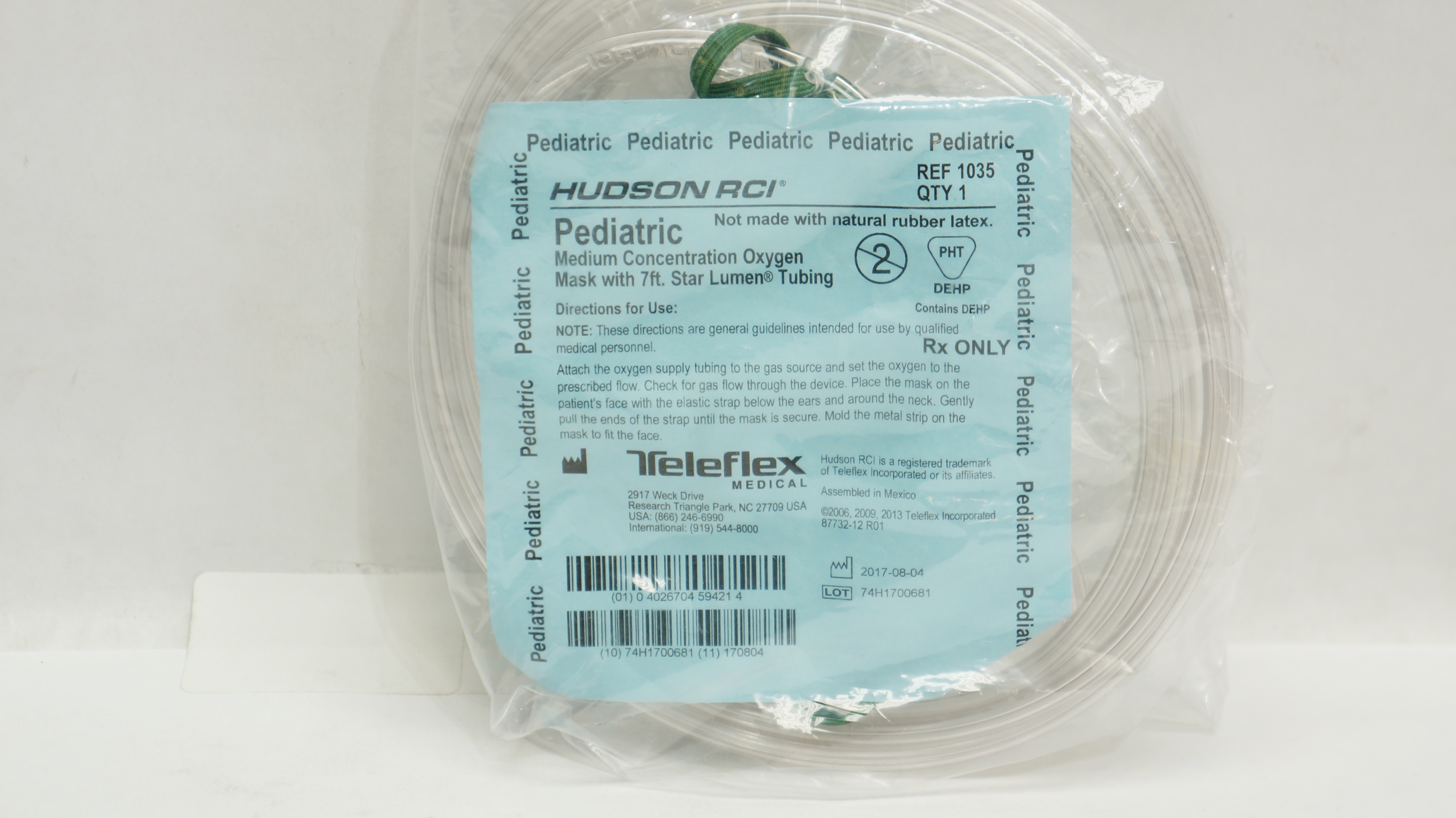 Teleflex 1035 Hudson RCI Pediatric Medium Concentration Oxygen Mask w/7ft Tubing